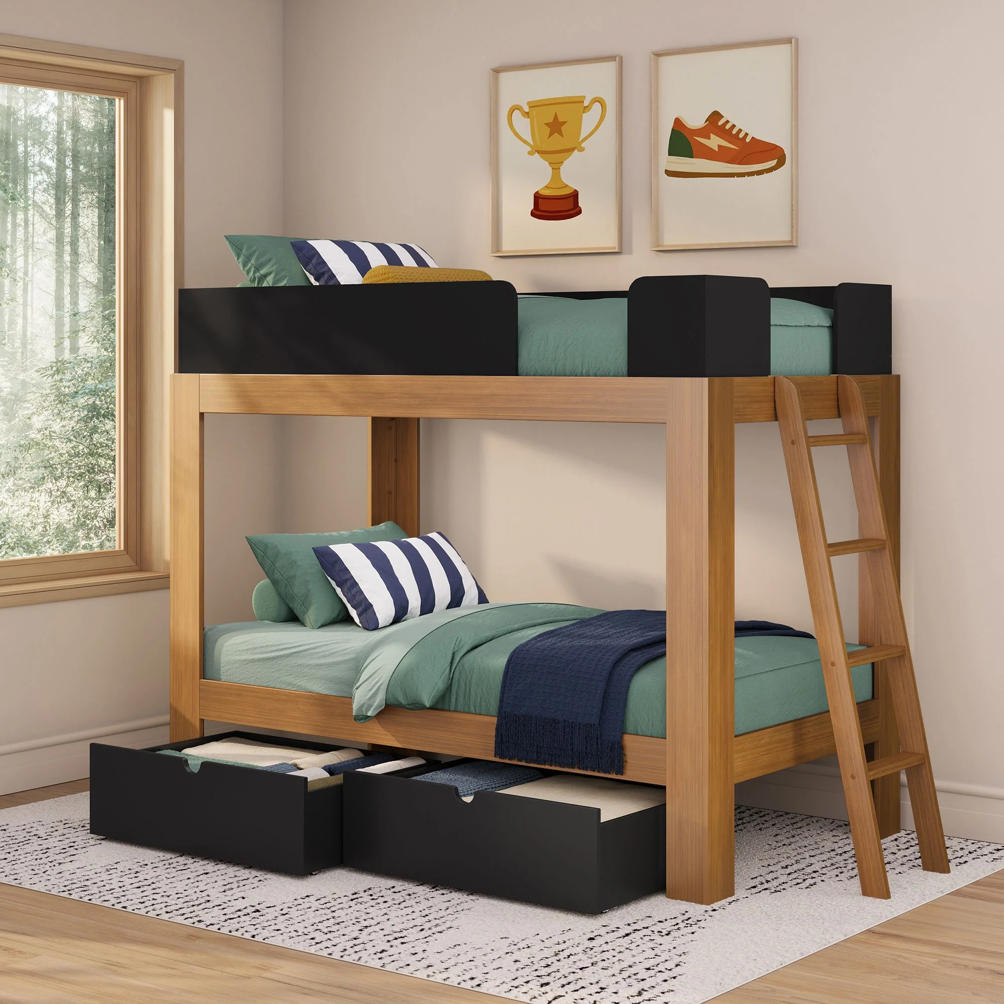Mid-Century Modern Twin Over Twin Bunk Bed With Storage Drawers - Image 3