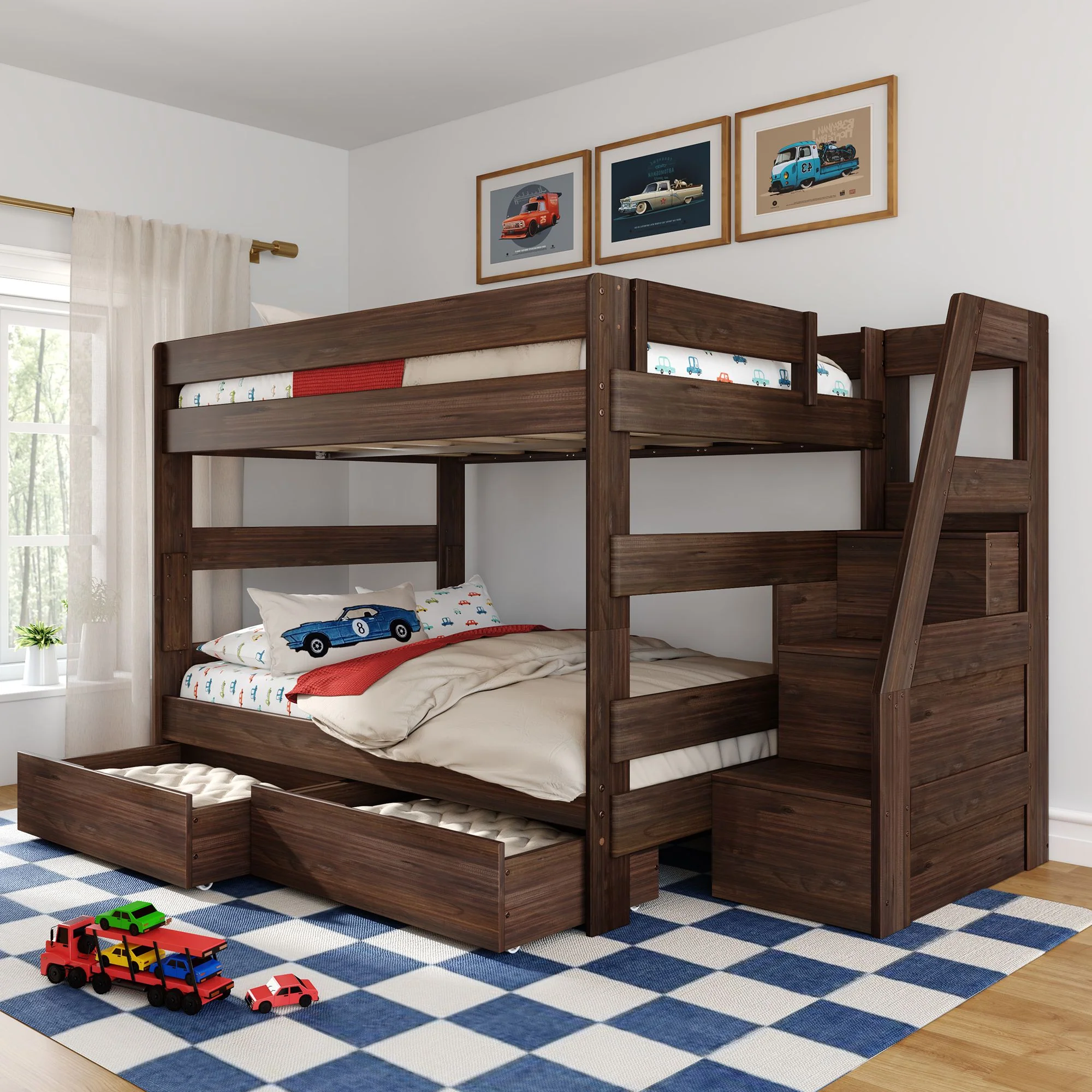 Modern Farmhouse Queen Over Queen Bunk Bed With Stairs & Storage Drawers - Image 3