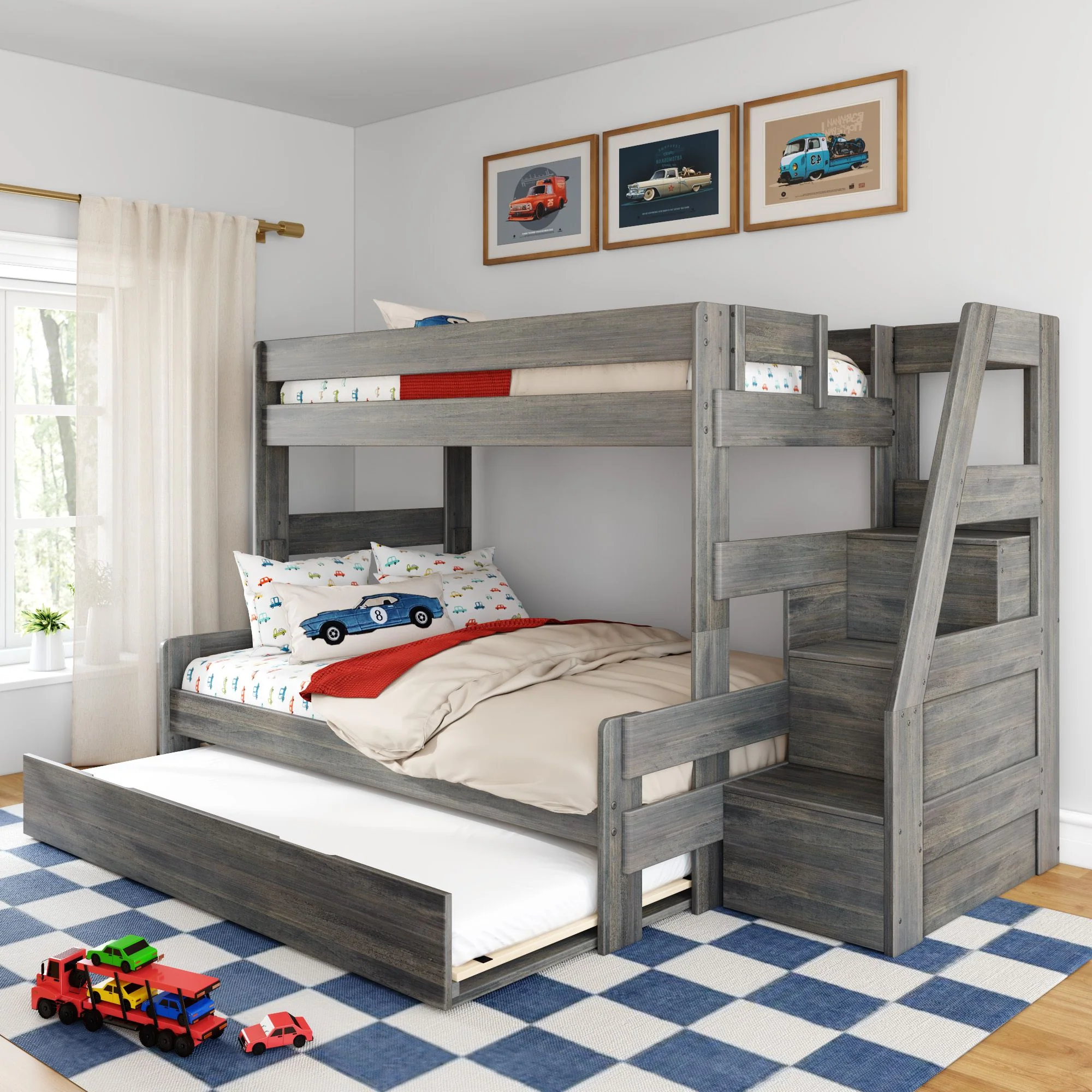 Modern Farmhouse Twin Over Full Bunk Bed With Stairs & Trundle - Image 4