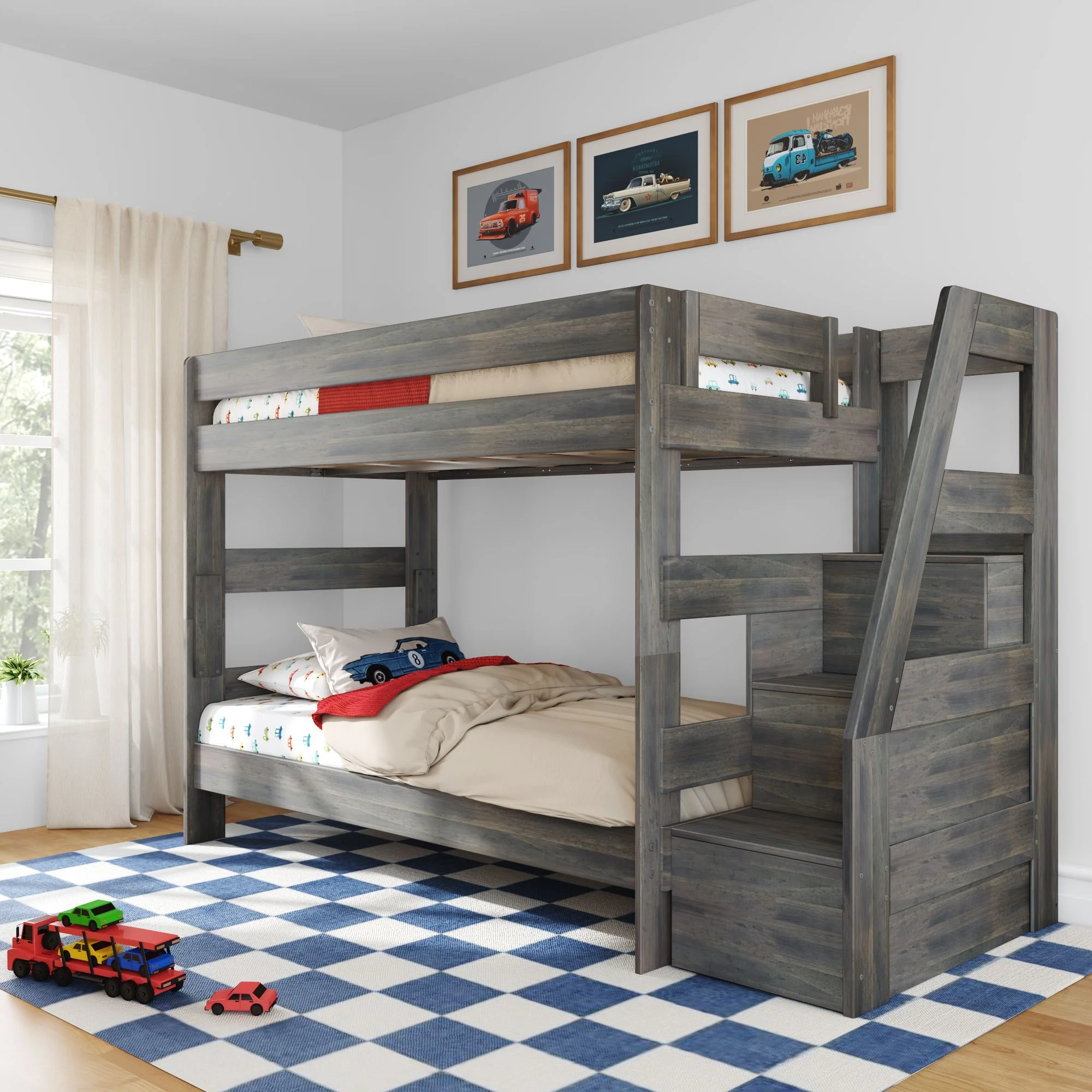 Modern Farmhouse Twin Over Twin Bunk Bed With Stairs - Image 2