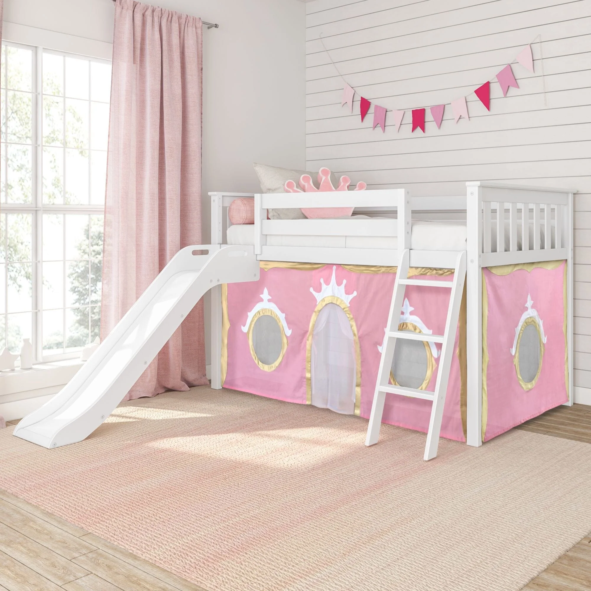 Twin Low Loft Bed with Slide & Princess Curtain - Image 2