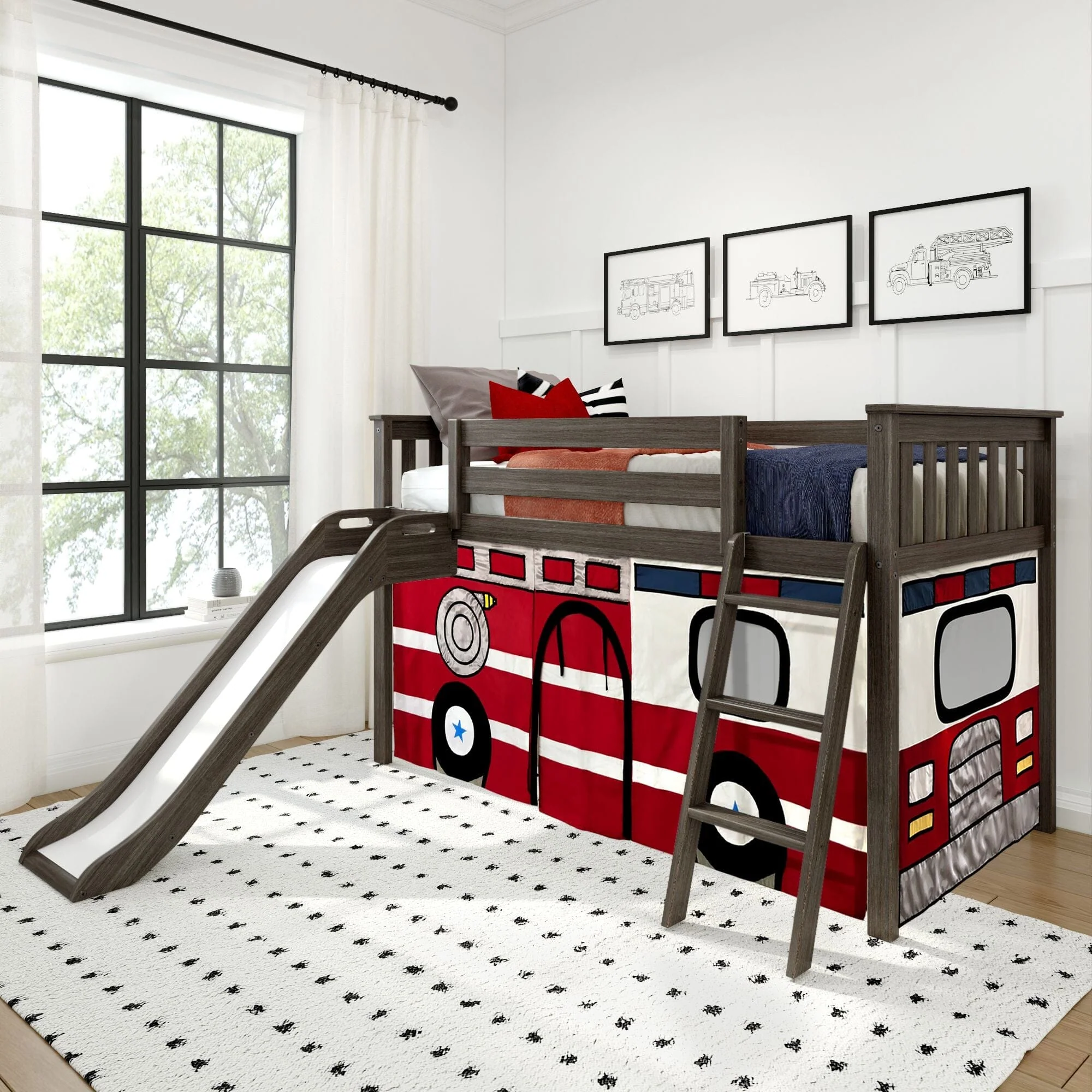Twin Low Loft Bed with Slide & Firetruck Curtain - Image 2