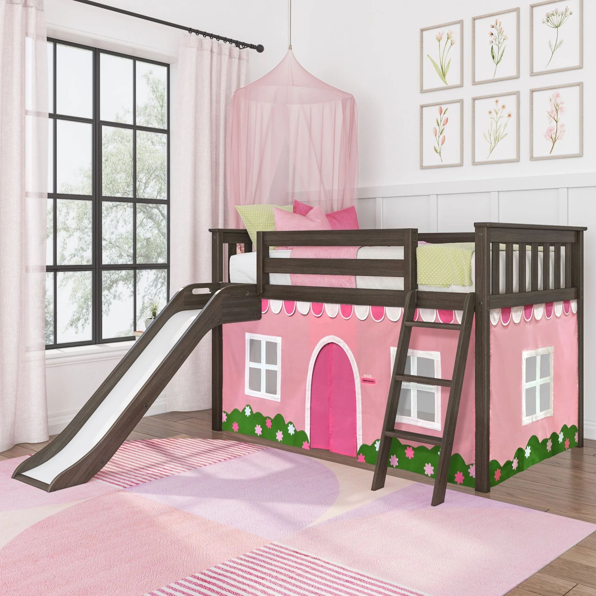 Twin Low Loft Bed with Slide & Pink & White Farmhouse Curtain - Image 2
