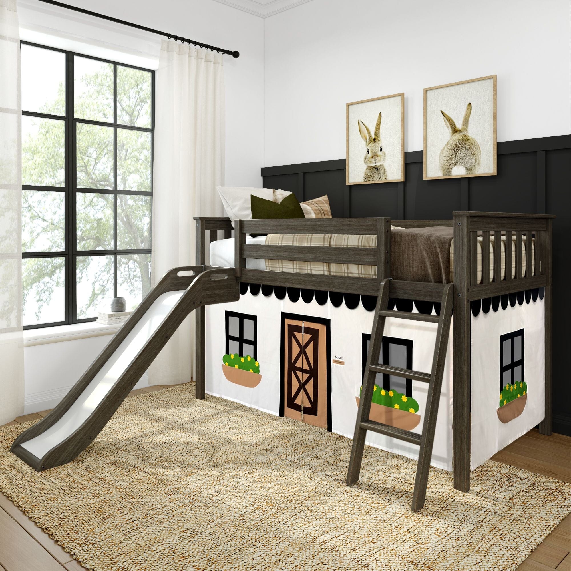 Twin Low Loft Bed with Slide & Black & White Farmhouse Curtain - Image 2