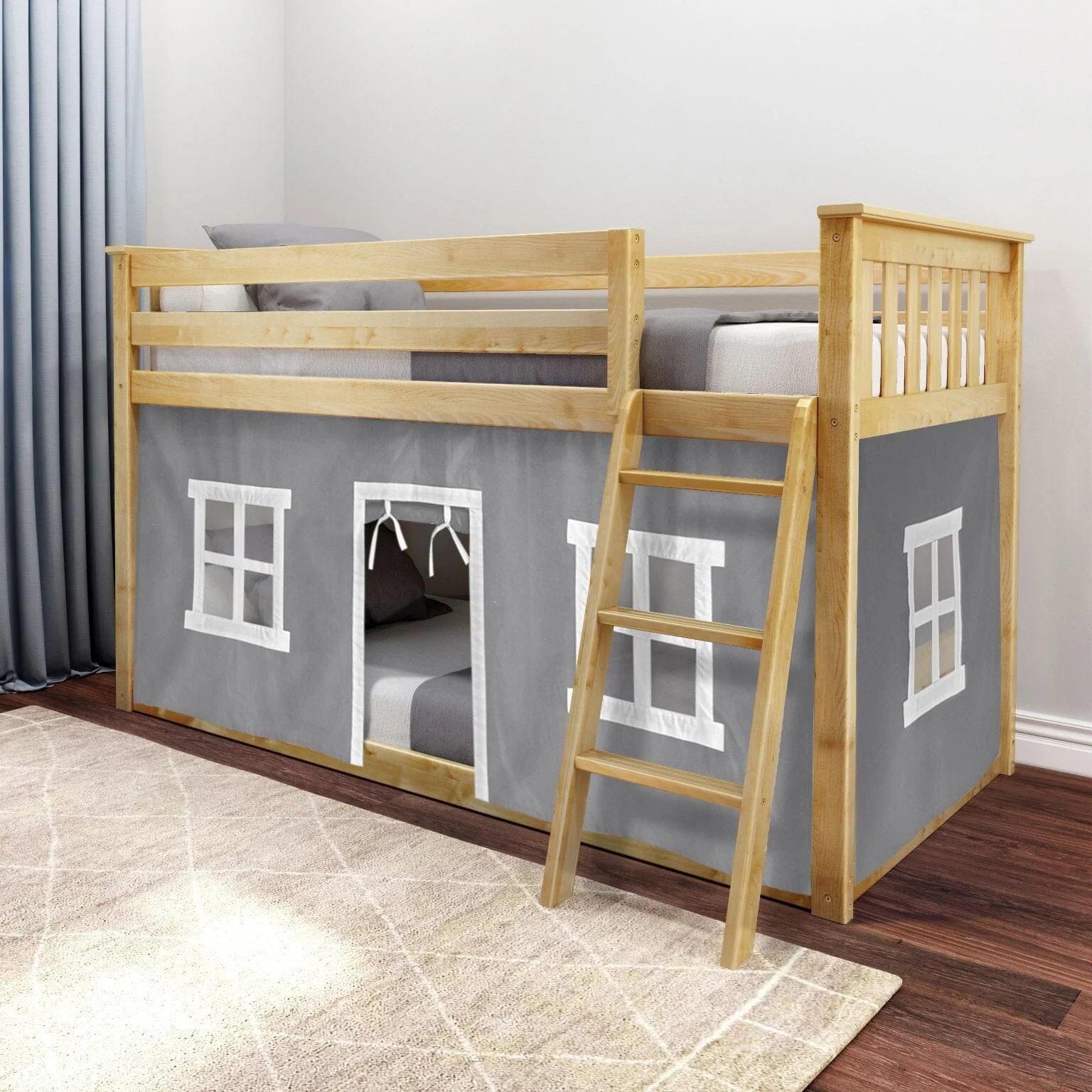 Twin Over Twin Low Bunk Bed With Curtain - Image 10