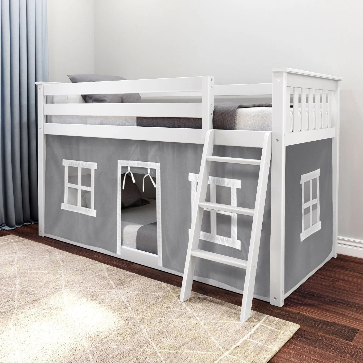 Twin Over Twin Low Bunk Bed With Curtain - Image 11