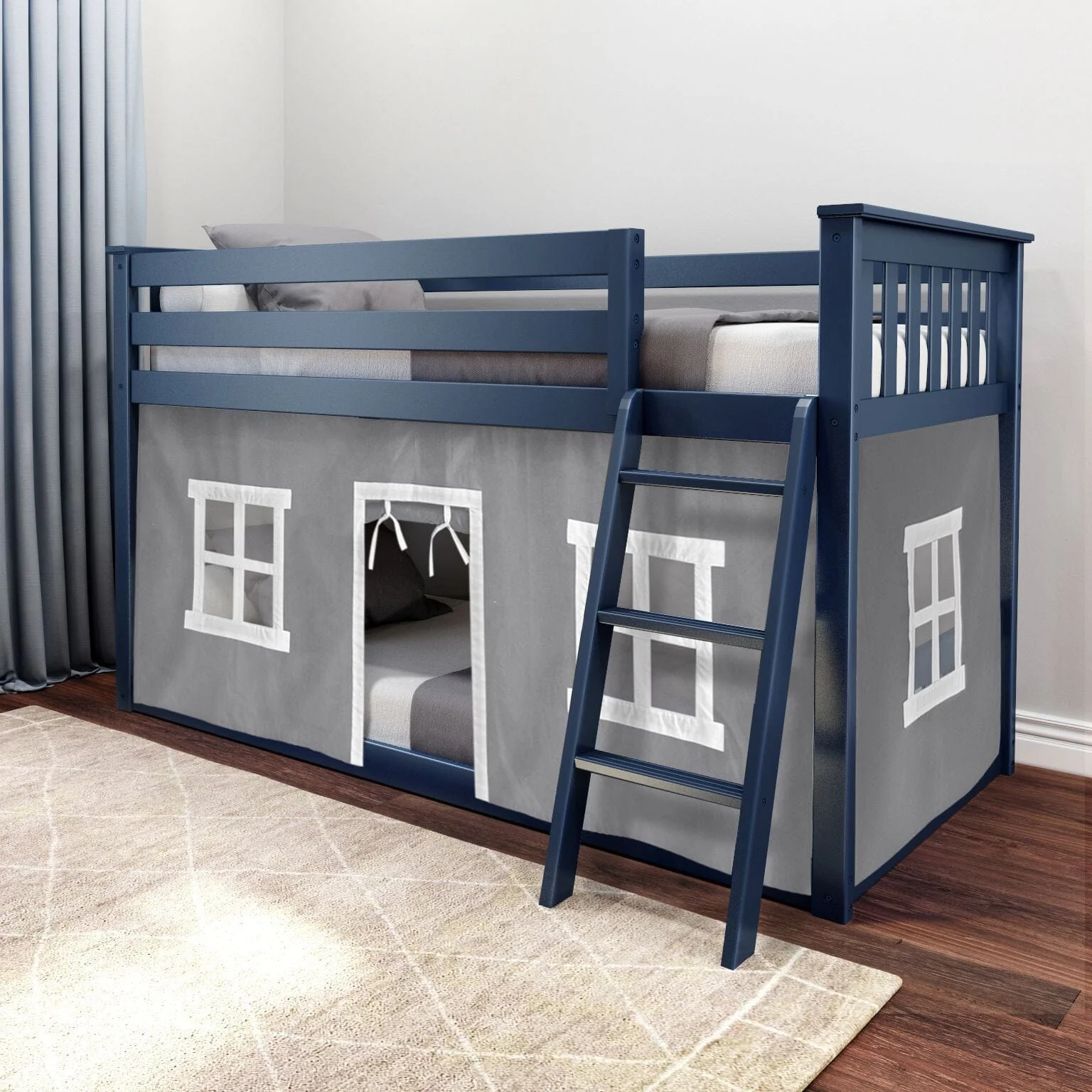 Twin Over Twin Low Bunk Bed With Curtain - Image 13