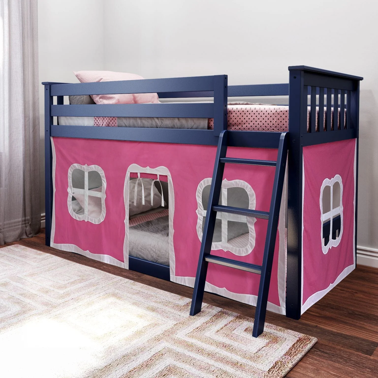 Twin Over Twin Low Bunk Bed With Curtain - Image 3
