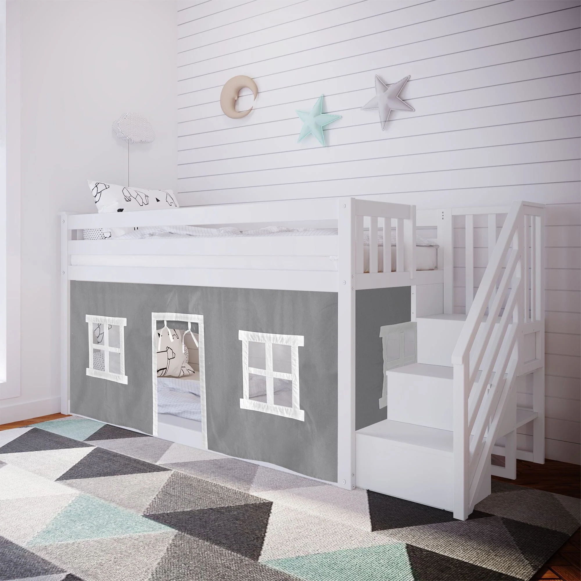 Twin Over Twin Low Bunk Bed With Staircase & Curtains - Image 5