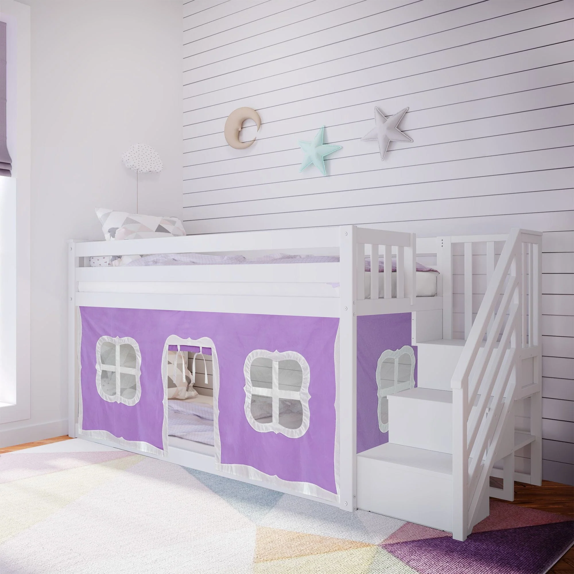 Twin Over Twin Low Bunk Bed With Staircase & Curtains - Image 6