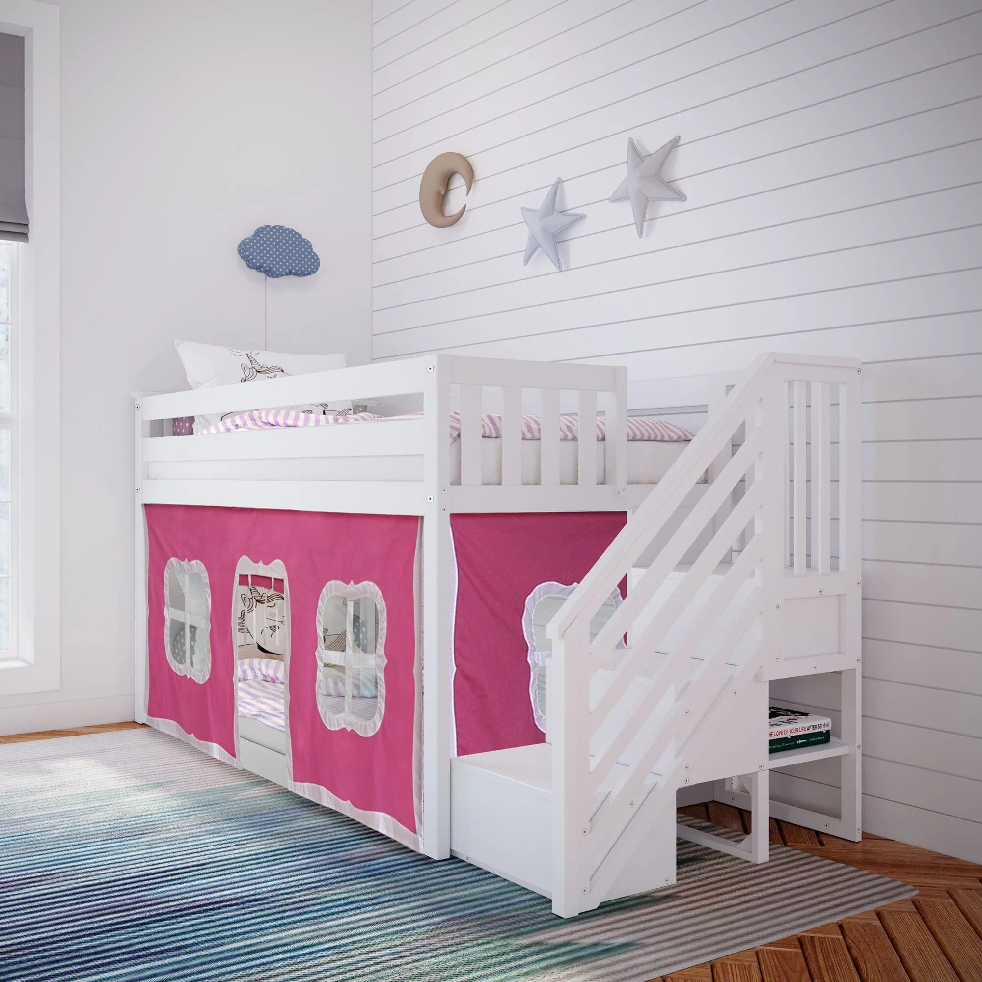 Twin Over Twin Low Bunk Bed With Staircase & Curtains - Image 3