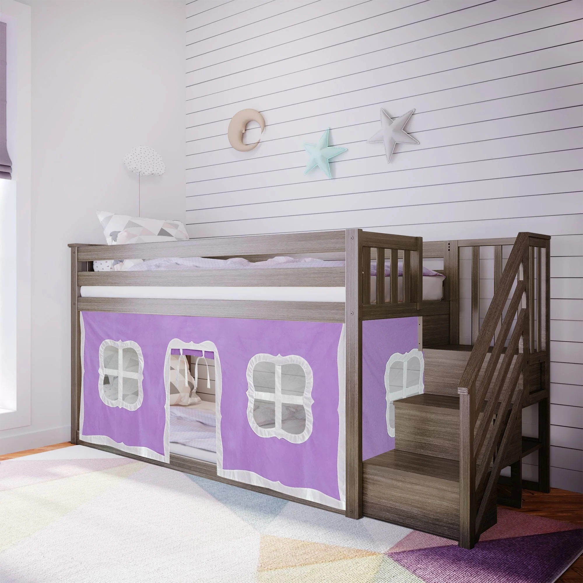 Twin Over Twin Low Bunk Bed With Staircase & Curtains - Image 8