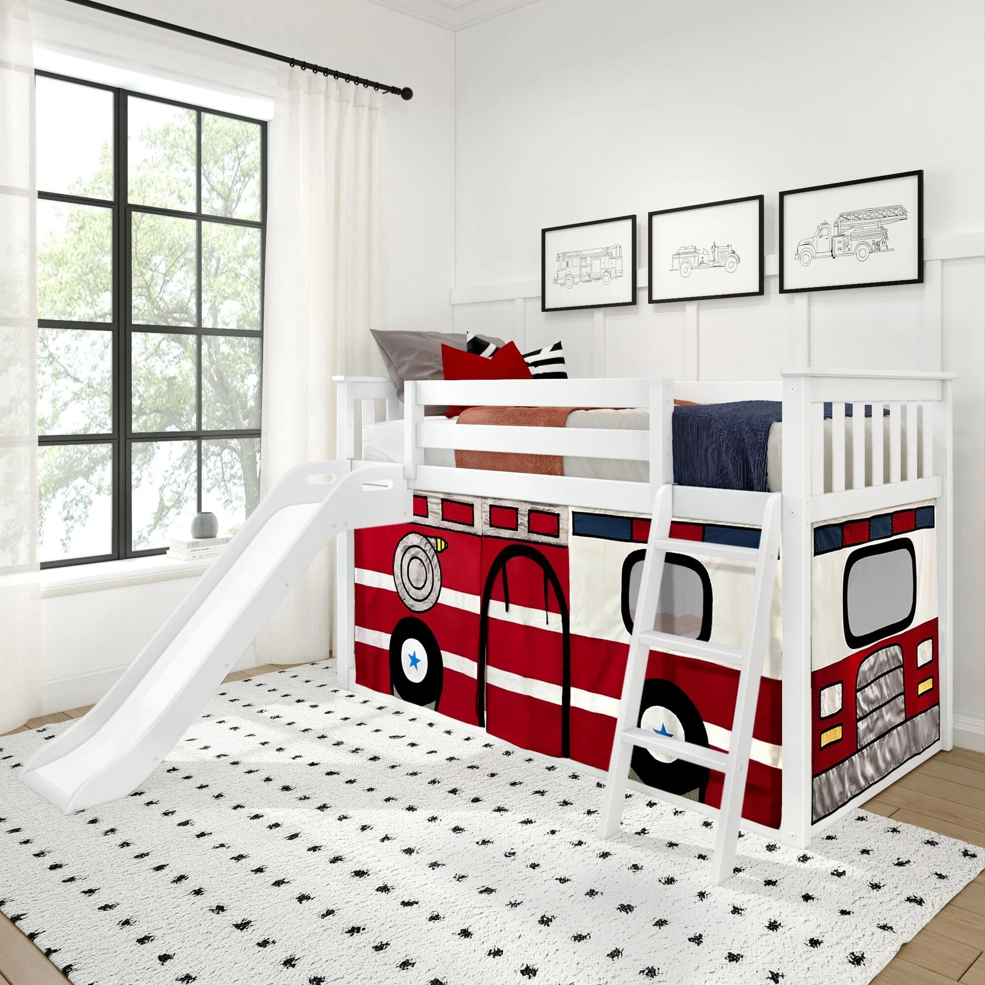 Twin Over Twin Low Bunk Bed with Slide & Firetruck Curtain - Image 2