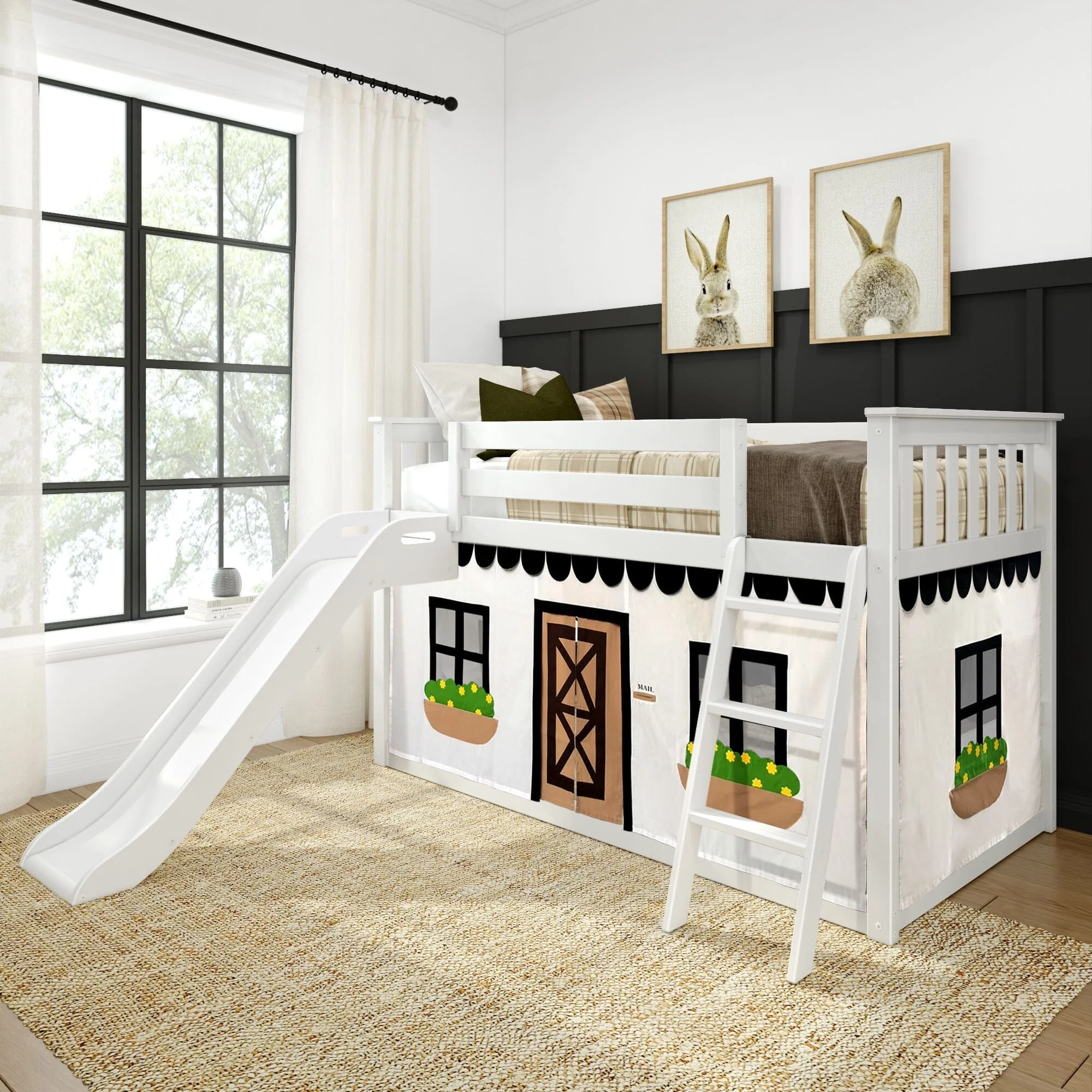 Twin Over Twin Low Bunk Bed with Slide & Black & White Farmhouse Curtain - Image 2