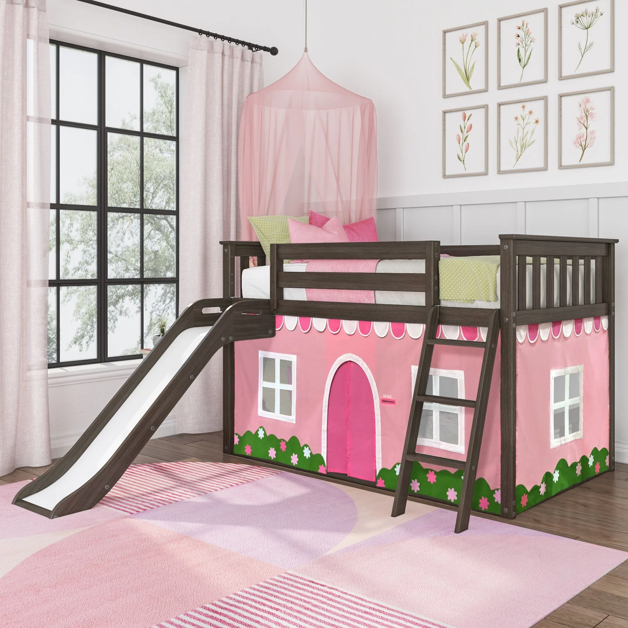 Twin Over Twin Low Bunk Bed with Slide & Pink & White Farmhouse Curtain - Image 2