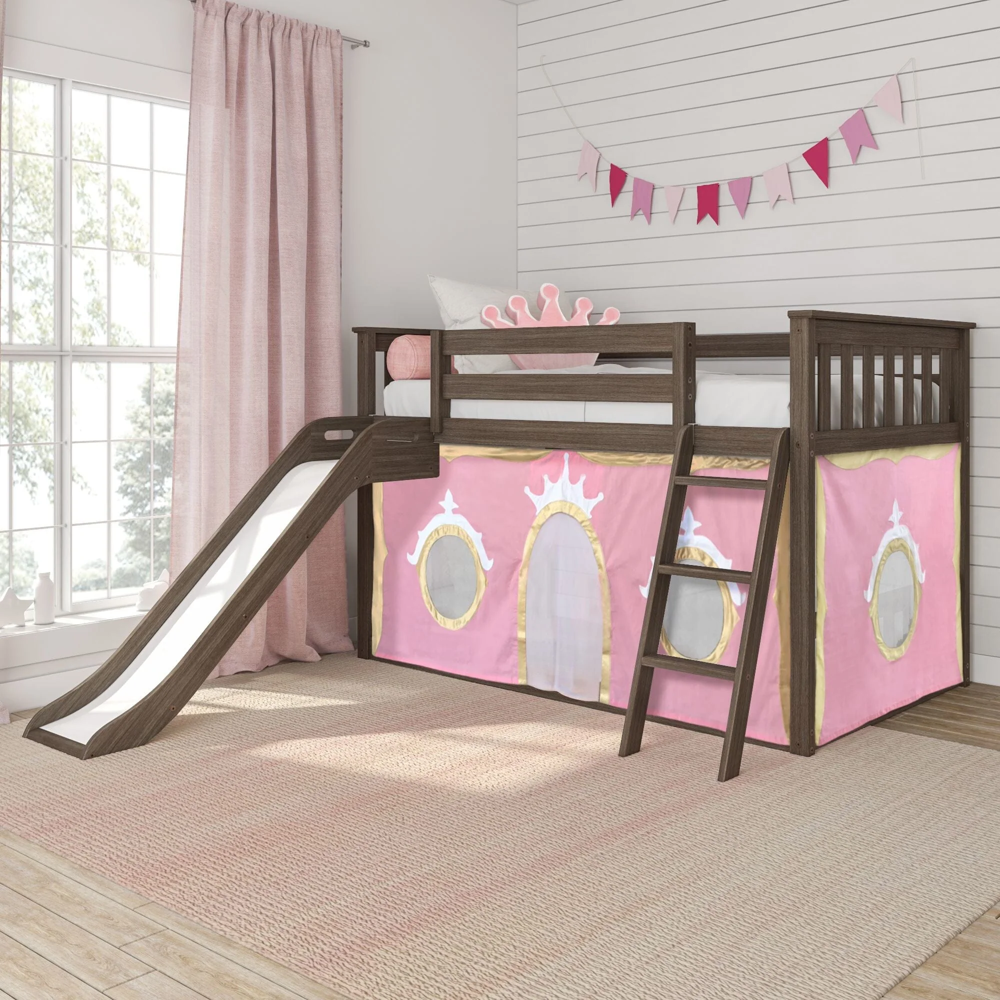 Twin Over Twin Low Bunk Bed with Slide & Princess Curtain - Image 2