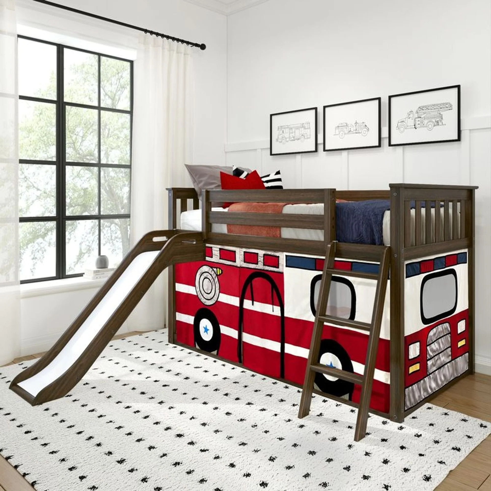 (Combined Listing) Twin Over Twin Low Bunk Bed with Slide & Curtain - Image 3