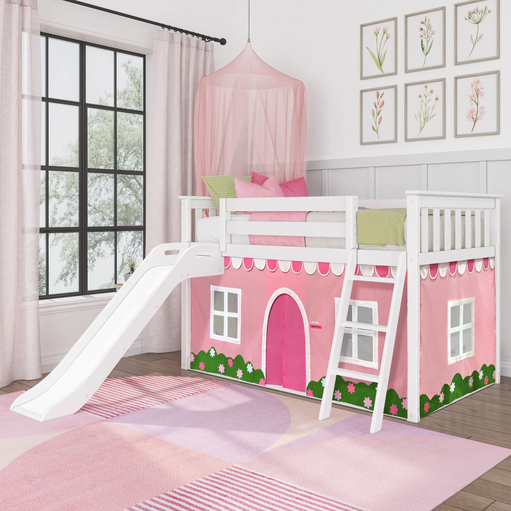 (Combined Listing) Twin Over Twin Low Bunk Bed with Slide & Curtain - Image 4