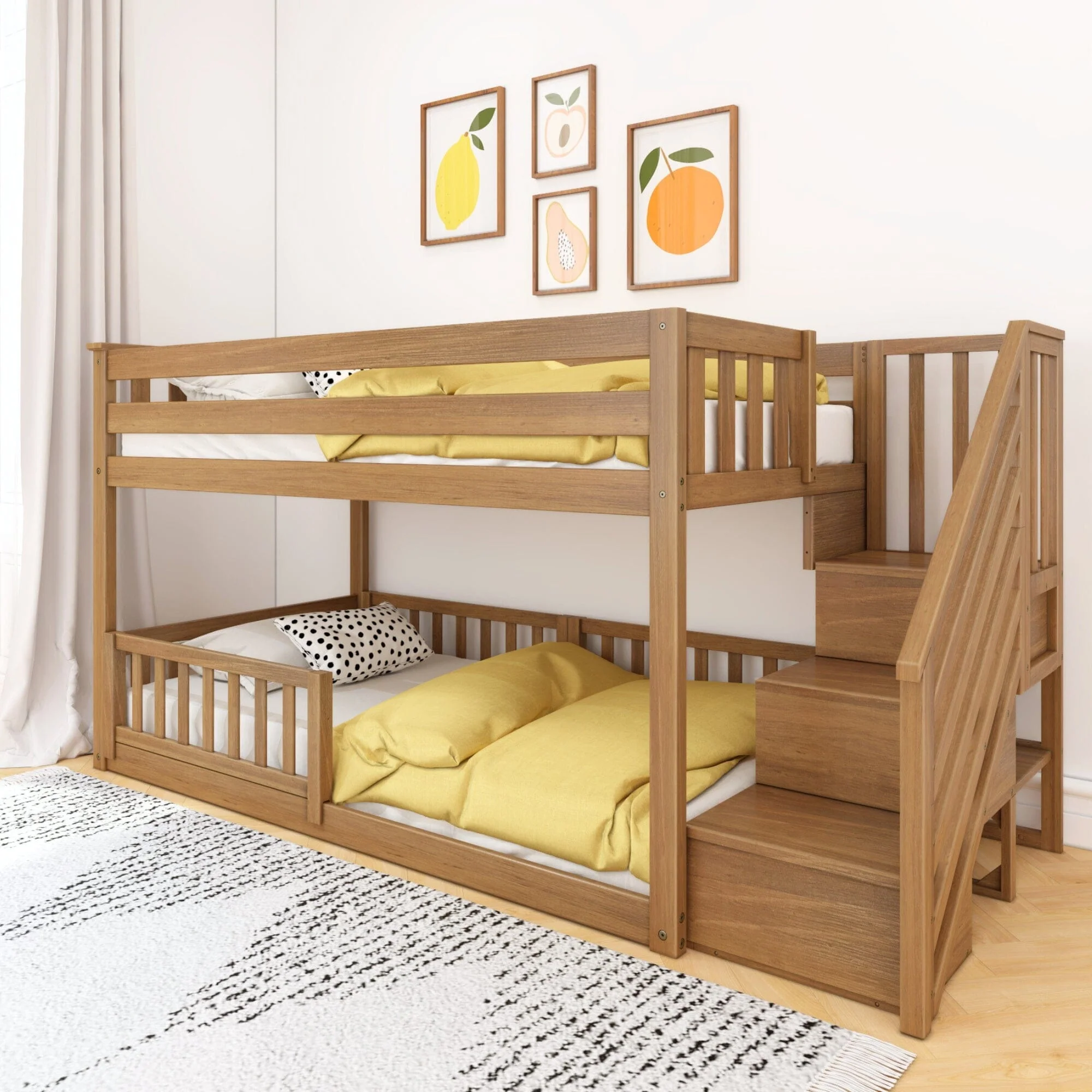 Twin Over Twin Low Bunk Bed With Stairs & Guardrails - Image 9