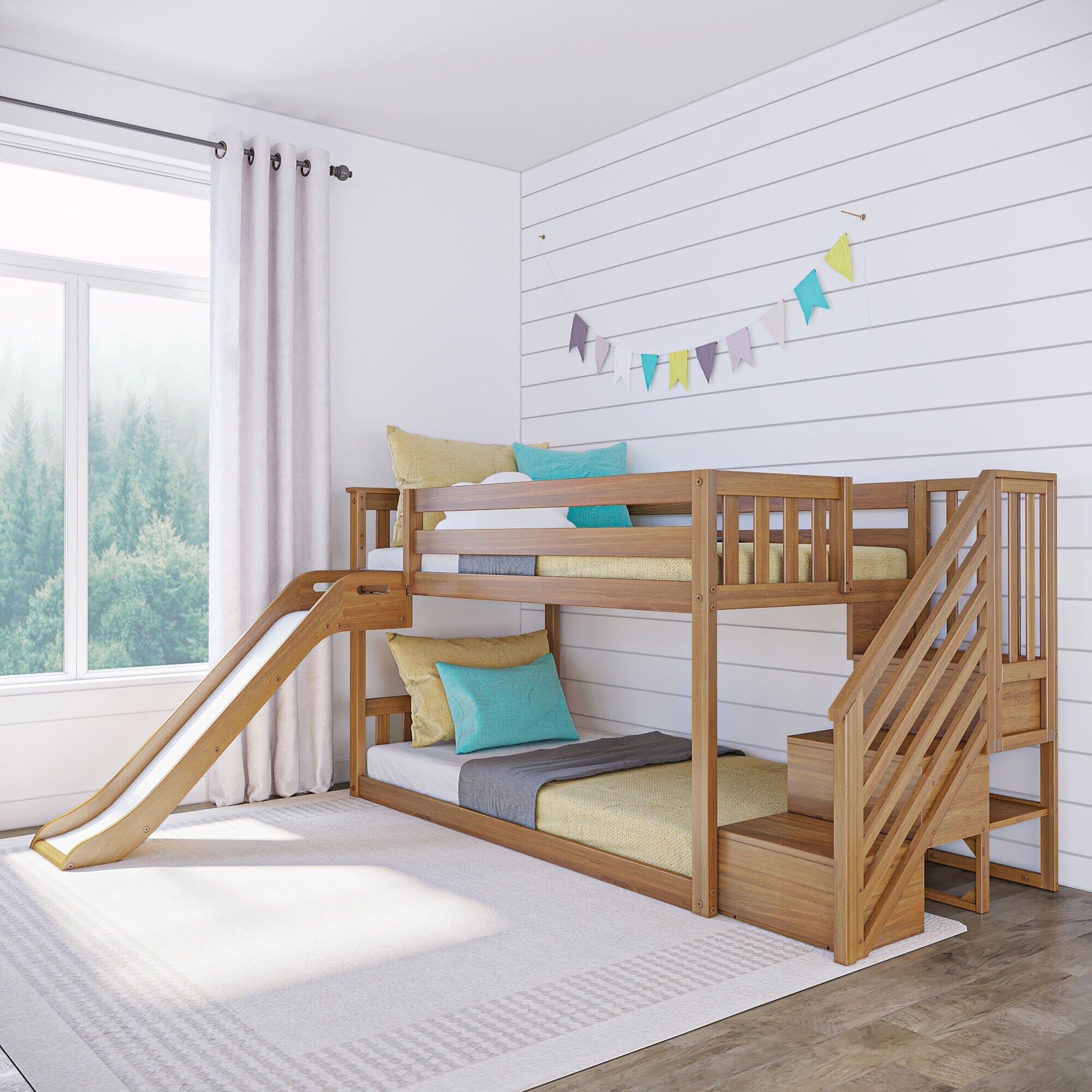 Twin Over Twin Low Bunk Bed With Slide & Stairs - Image 3