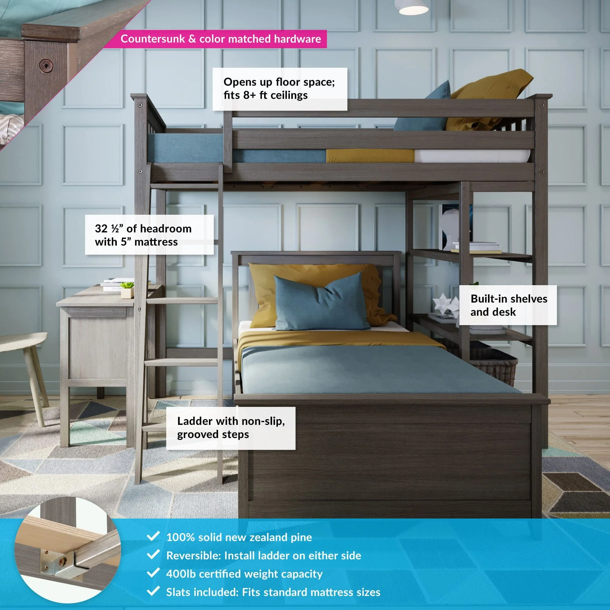 Twin Over Twin L-Shaped Bunk Bed With Bookcase & Desk - Image 3