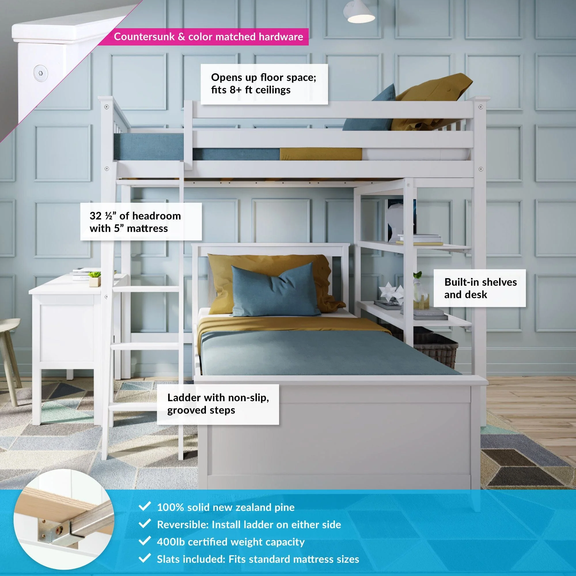 Twin Over Twin L-Shaped Bunk Bed With Bookcase & Desk - Image 4