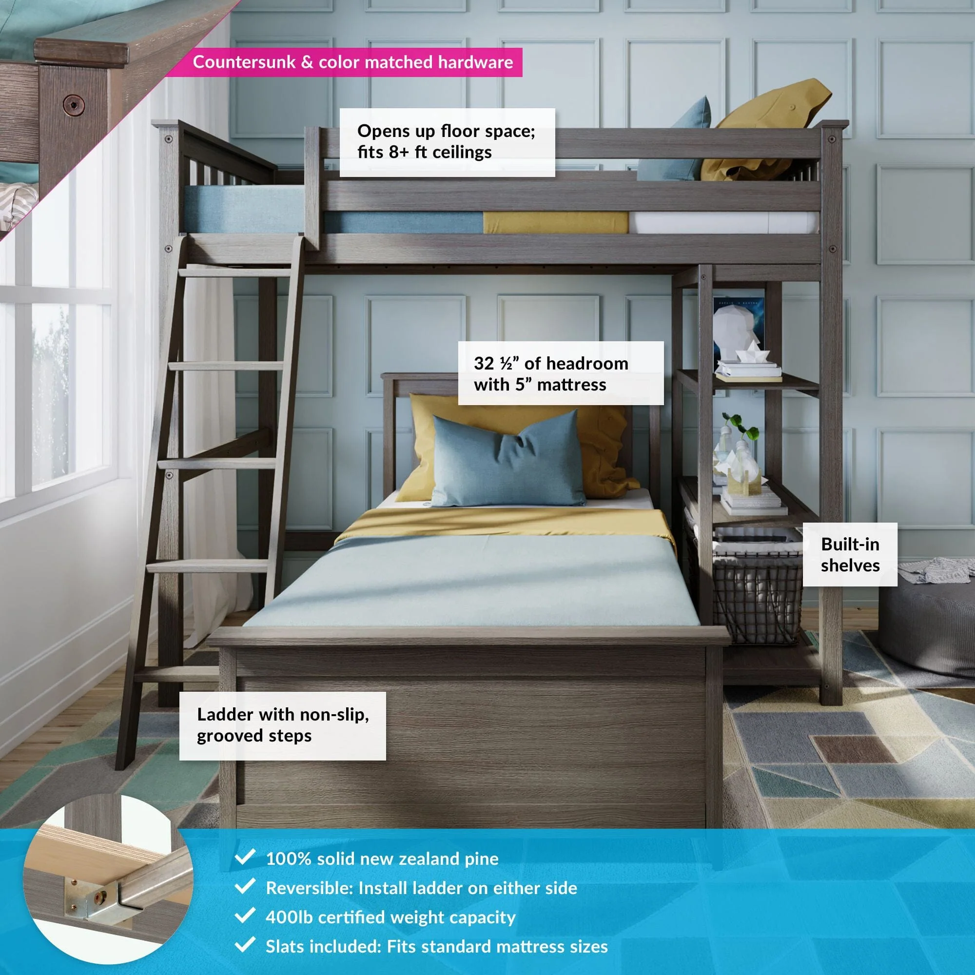 Twin Over Twin L-Shaped Bunk Bed With Bookcase - Image 4