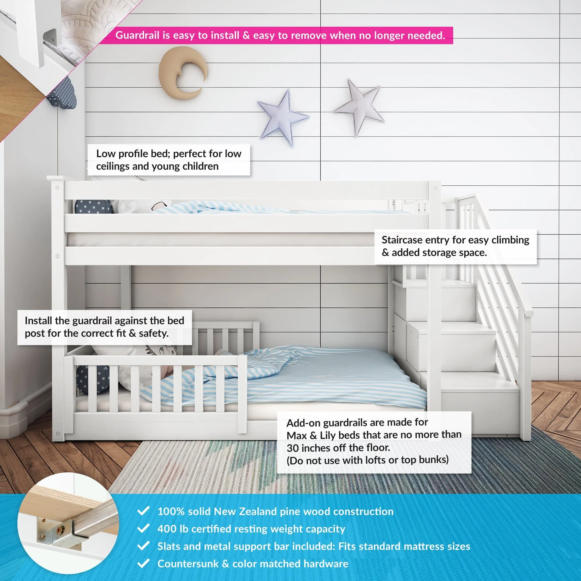 Twin Over Twin Low Bunk Bed With Stairs & Guardrails - Image 14