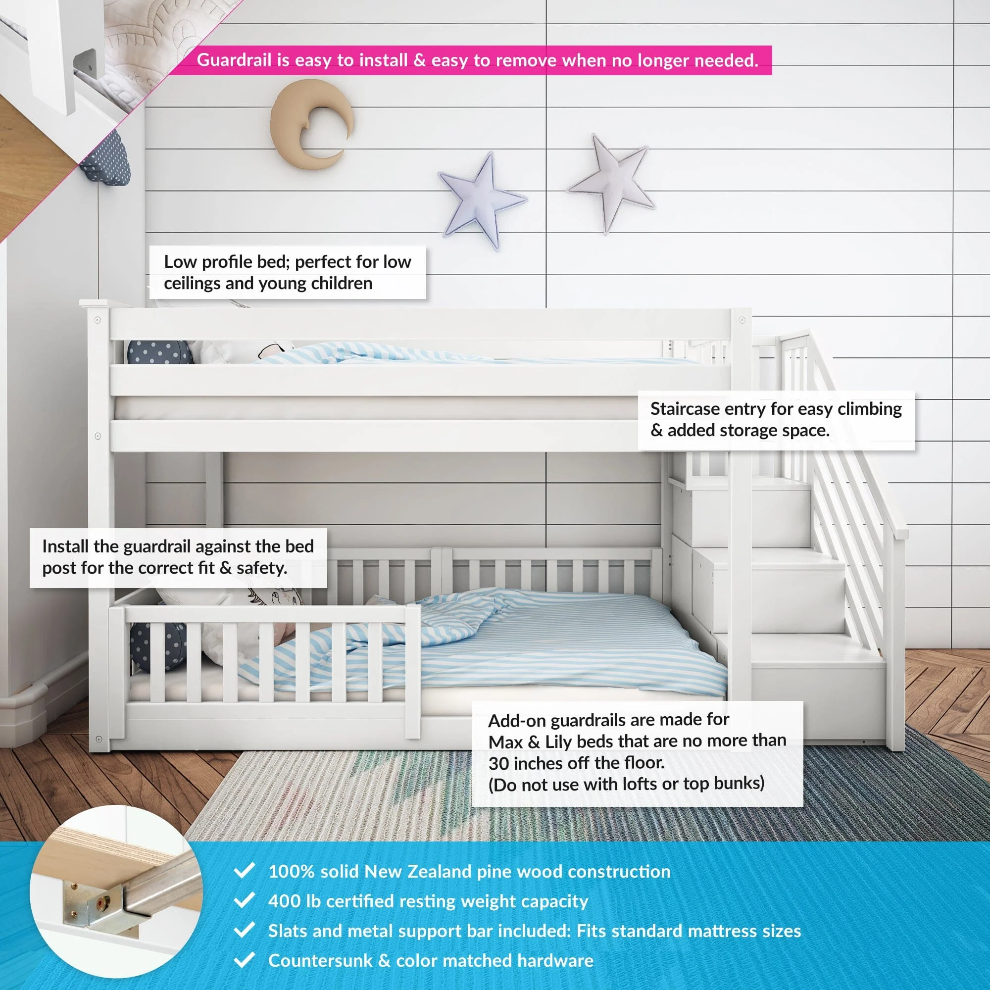 Twin Over Twin Low Bunk Bed With Stairs & Guardrails - Image 15