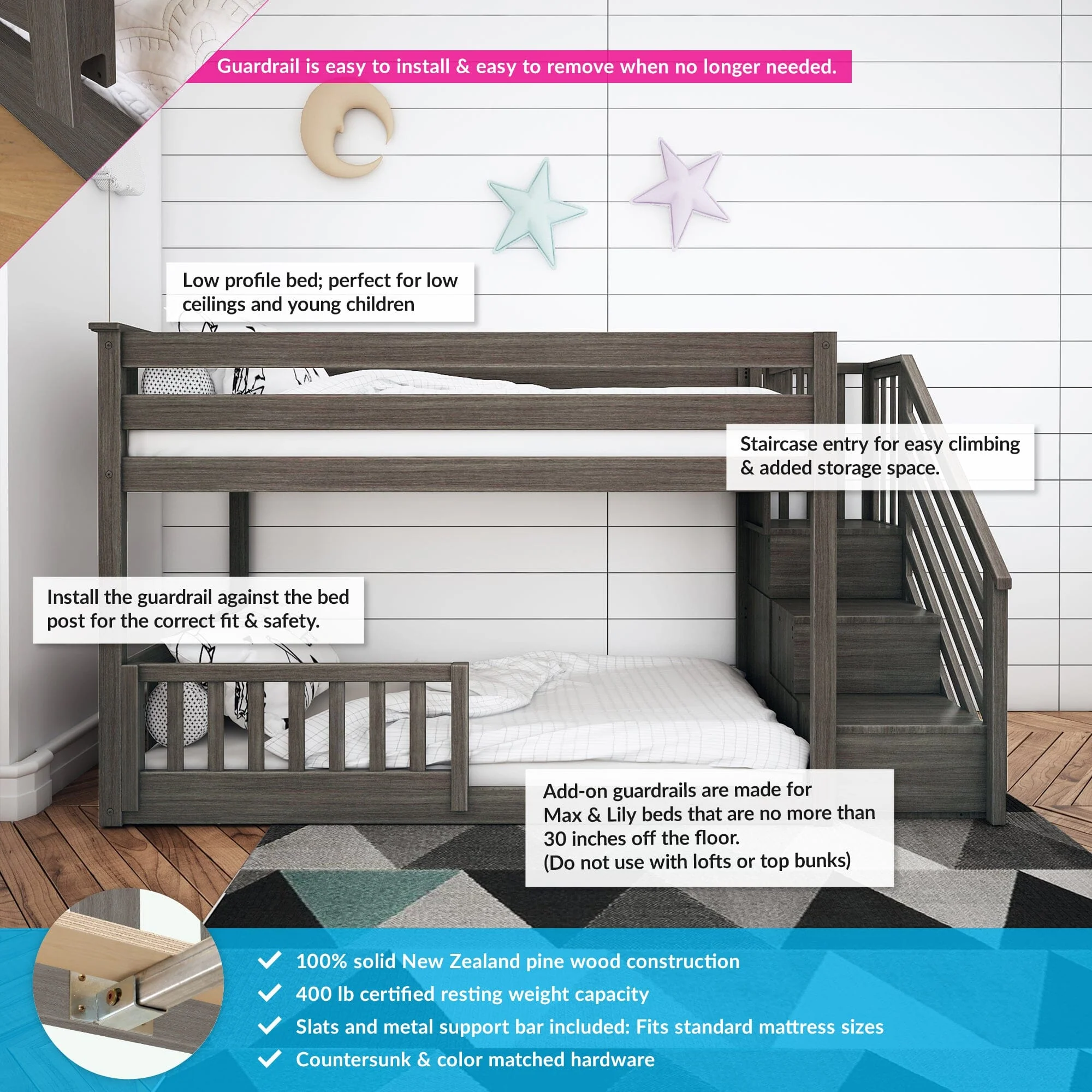 Twin Over Twin Low Bunk Bed With Stairs & Guardrails - Image 16
