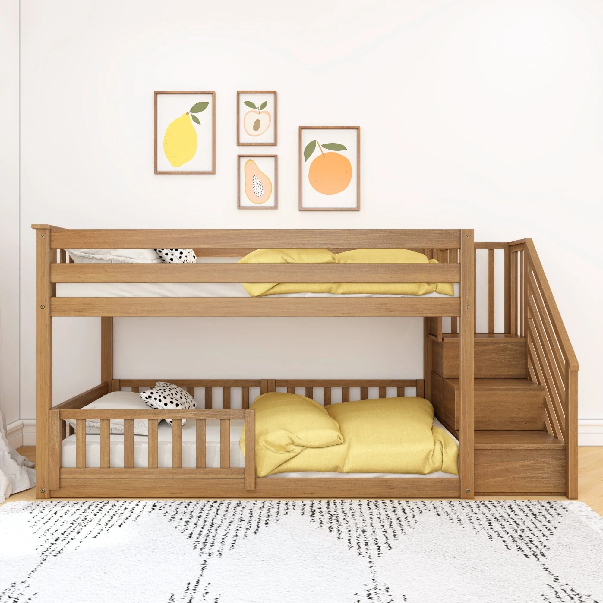 Twin Over Twin Low Bunk Bed With Stairs & Guardrails - Image 21
