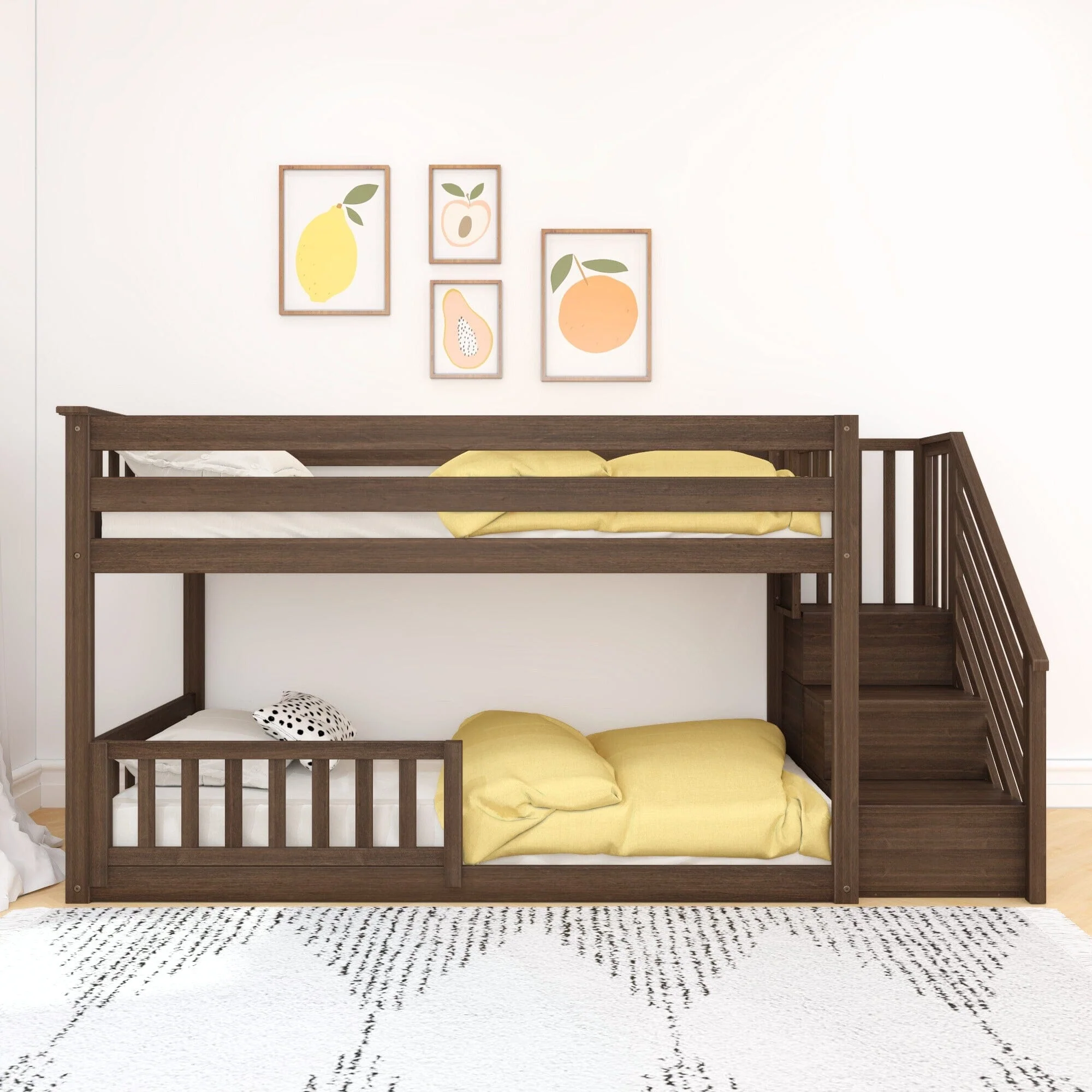 Twin Over Twin Low Bunk Bed With Stairs & Guardrails - Image 22