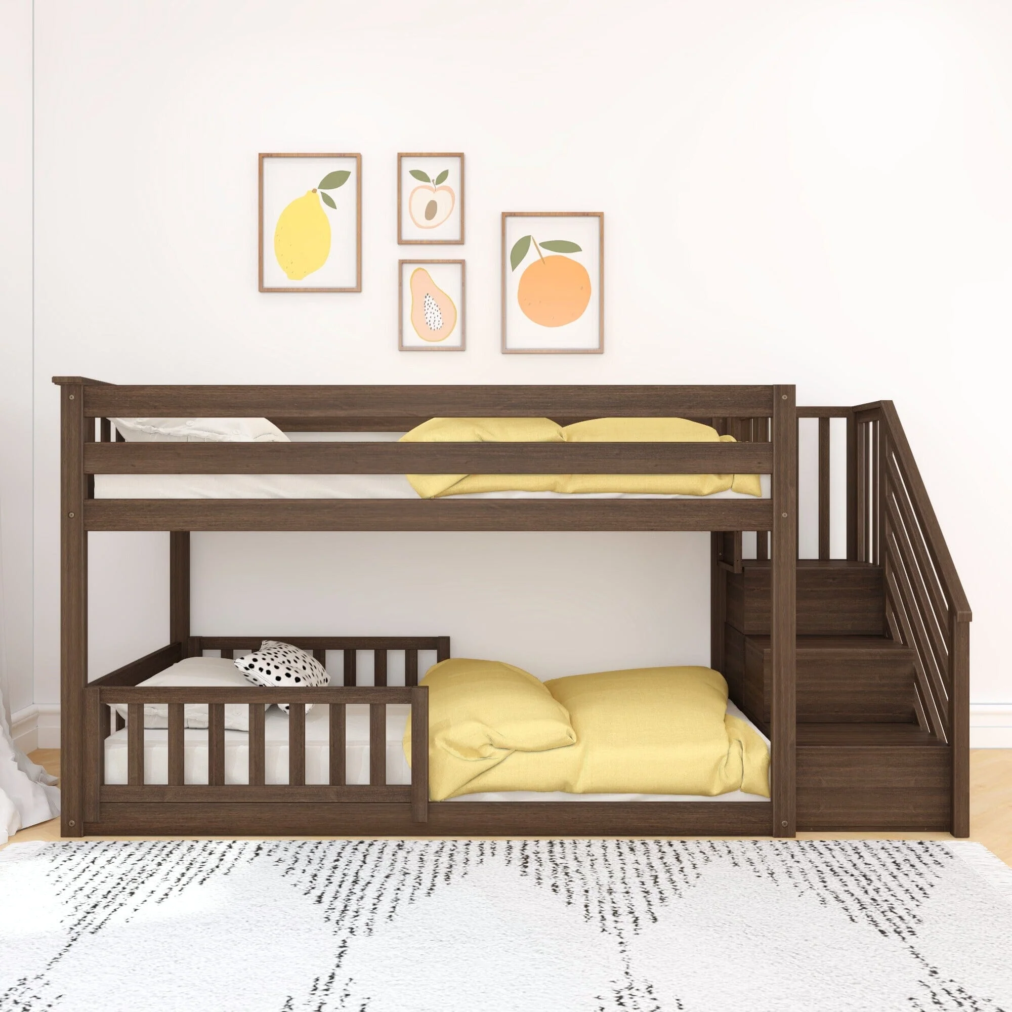 Twin Over Twin Low Bunk Bed With Stairs & Guardrails - Image 23