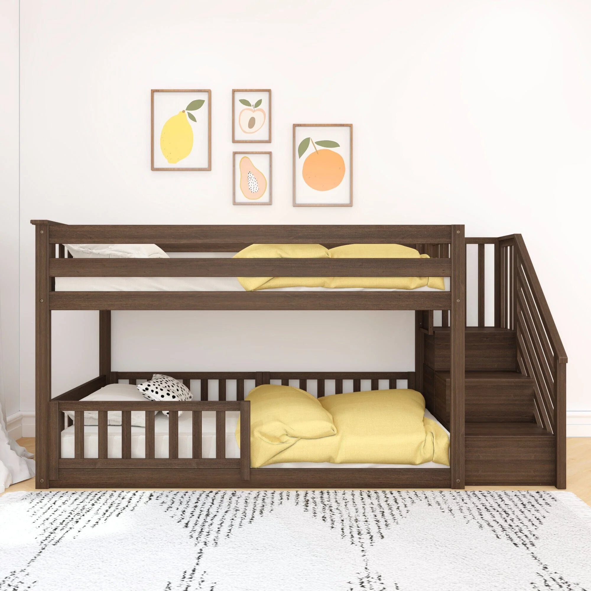 Twin Over Twin Low Bunk Bed With Stairs & Guardrails - Image 24