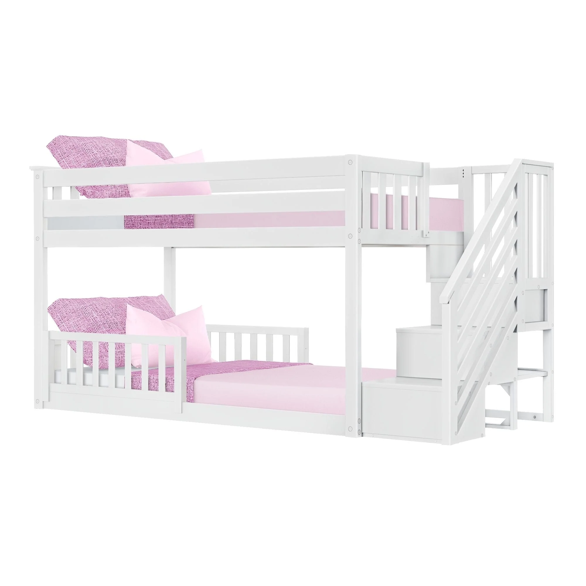 Twin Over Twin Low Bunk Bed With Stairs & Guardrails - Image 26