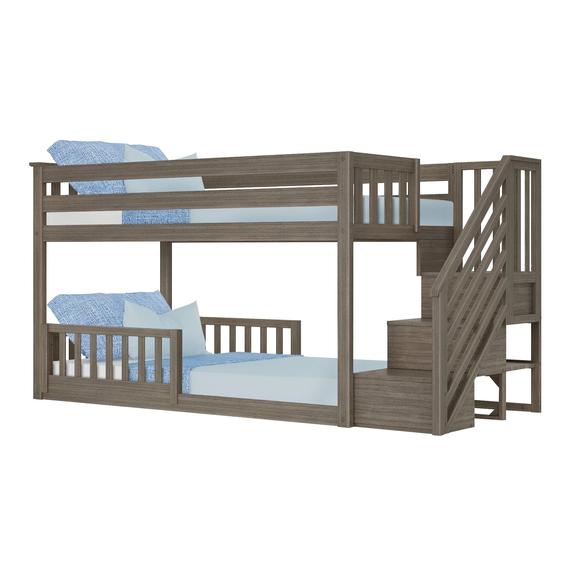 Twin Over Twin Low Bunk Bed With Stairs & Guardrails - Image 29