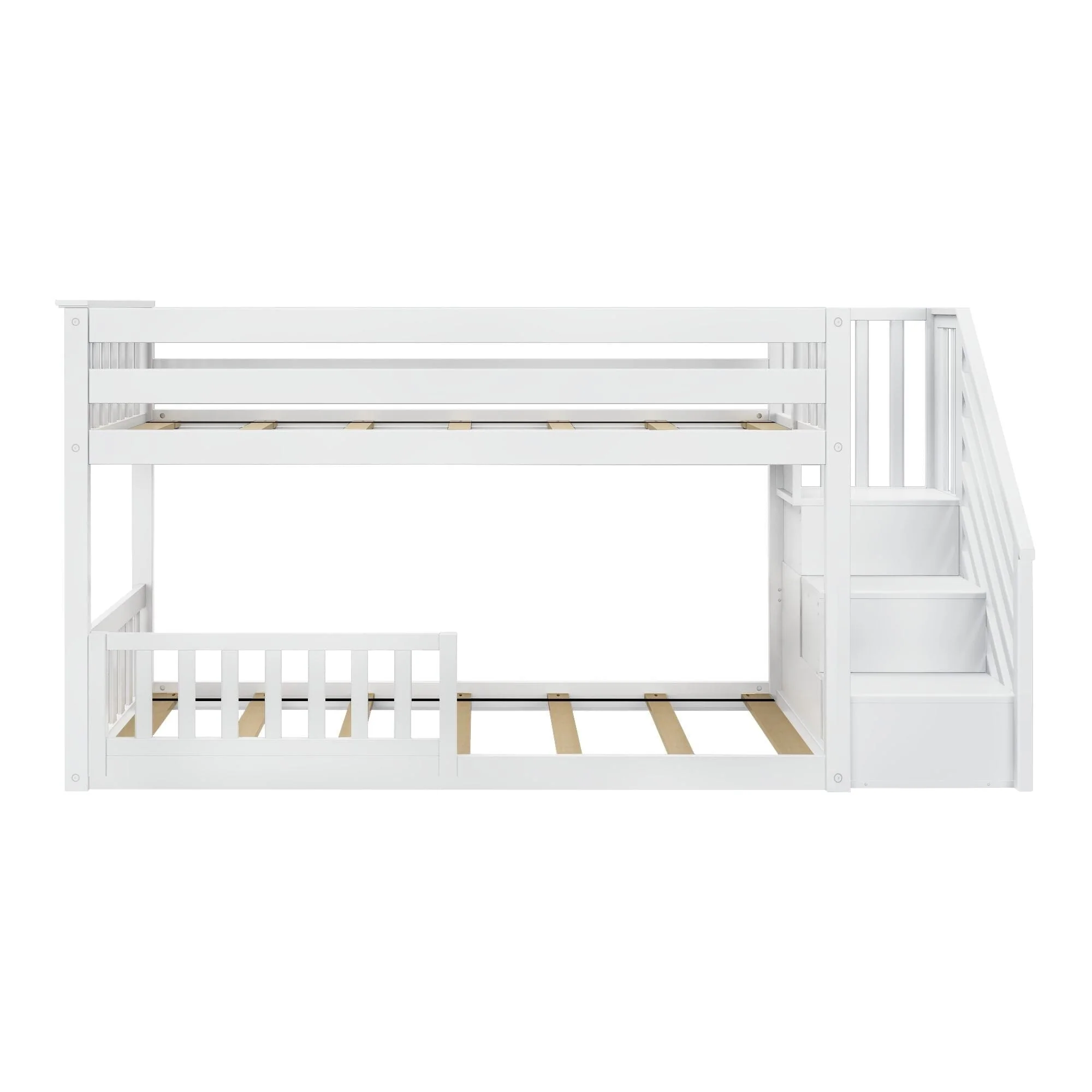 Twin Over Twin Low Bunk Bed With Stairs & Guardrails - Image 37