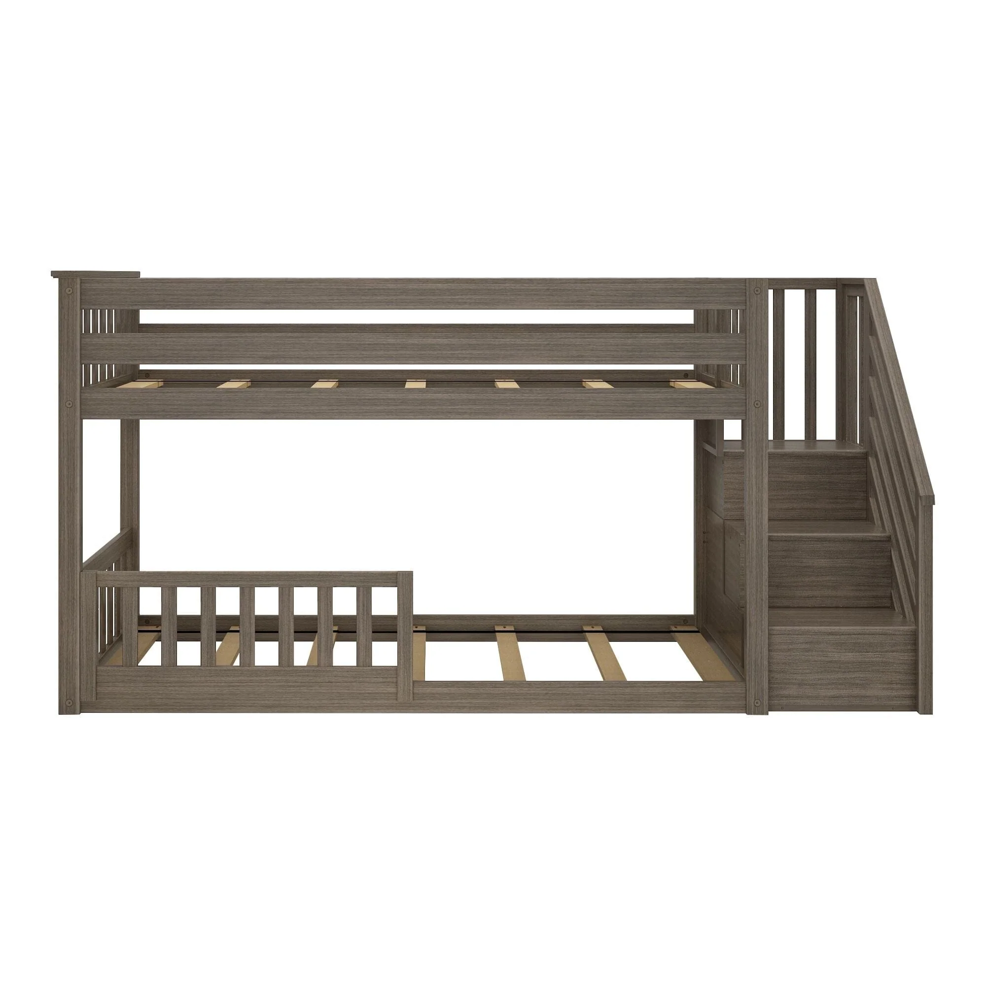 Twin Over Twin Low Bunk Bed With Stairs & Guardrails - Image 40