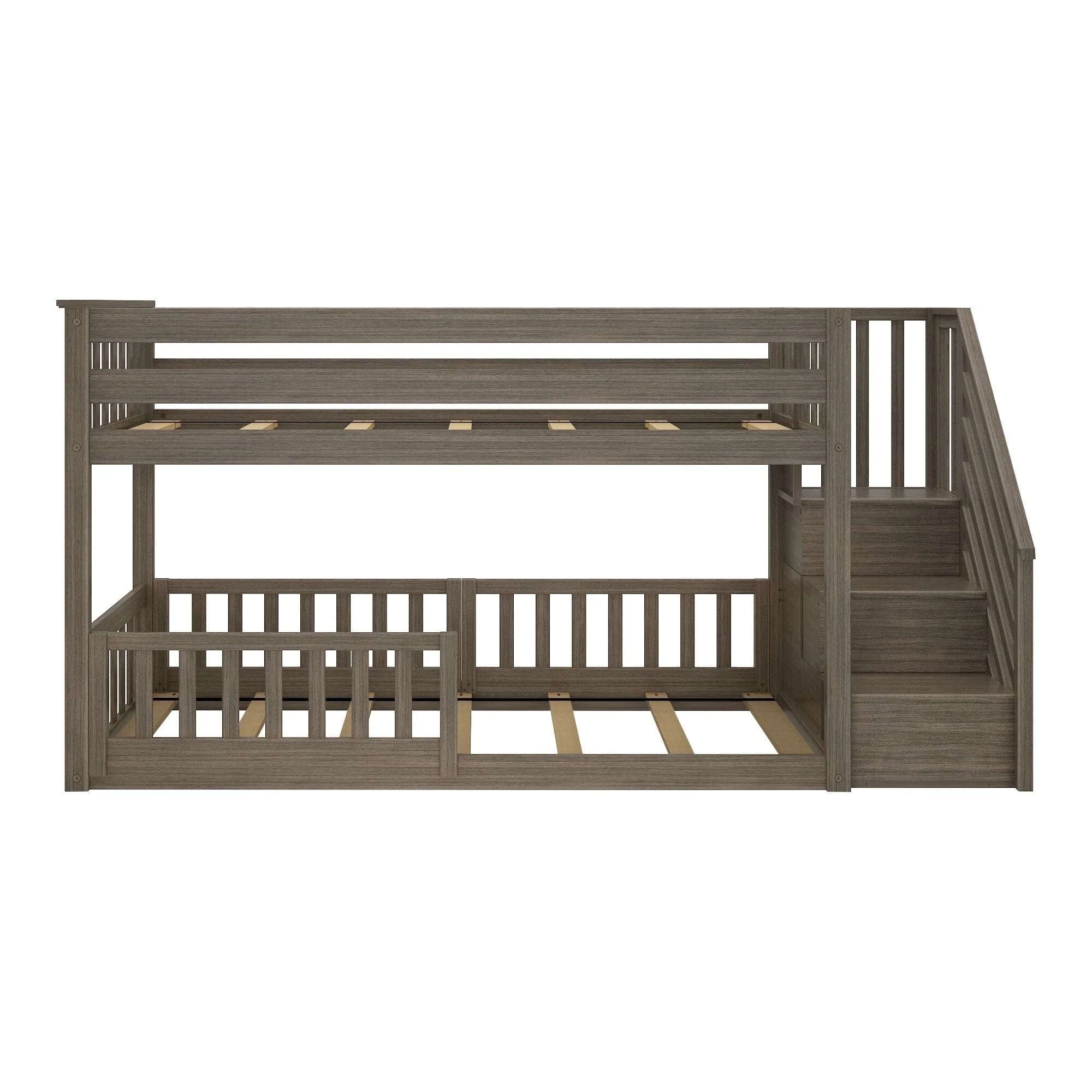 Twin Over Twin Low Bunk Bed With Stairs & Guardrails - Image 42