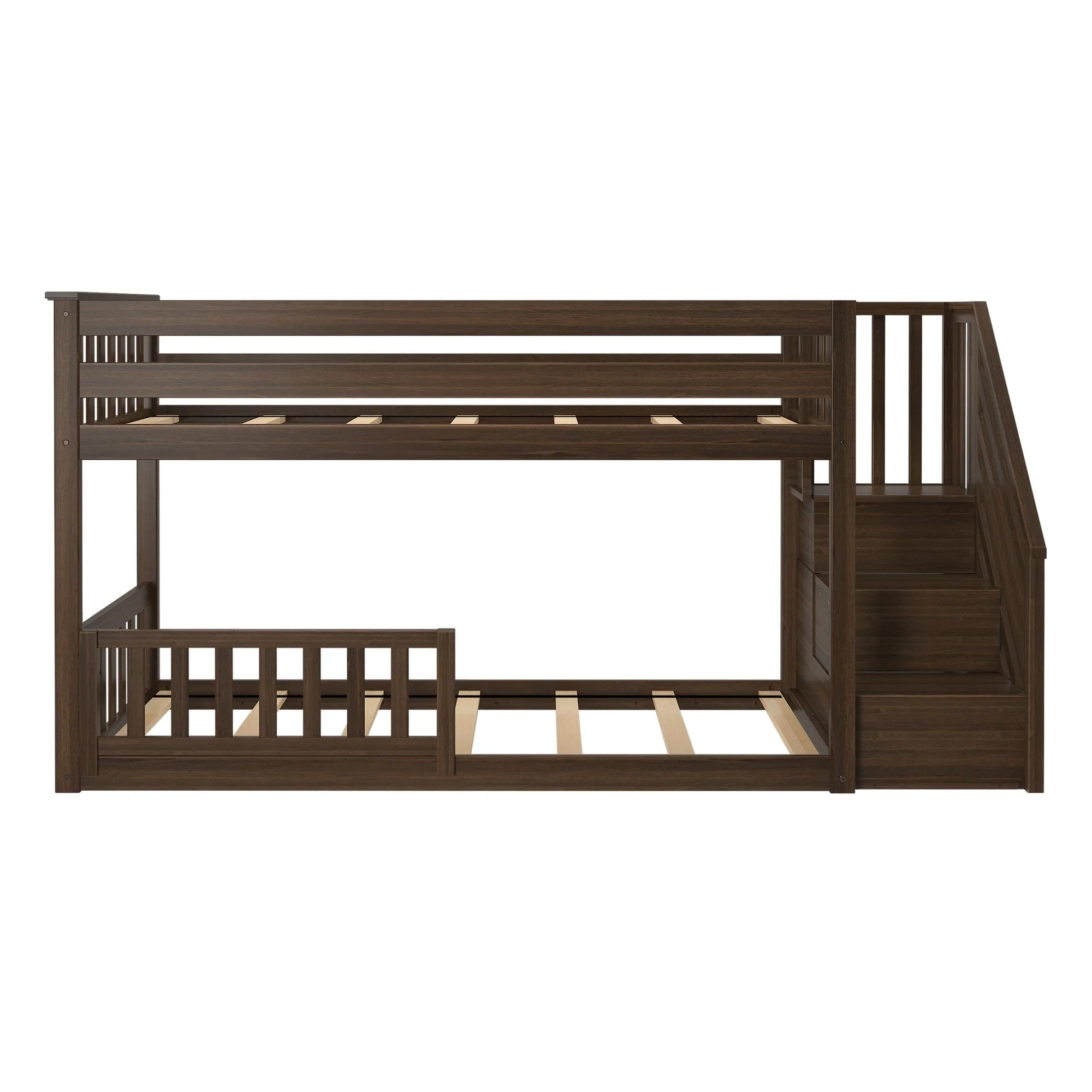 Twin Over Twin Low Bunk Bed With Stairs & Guardrails - Image 46