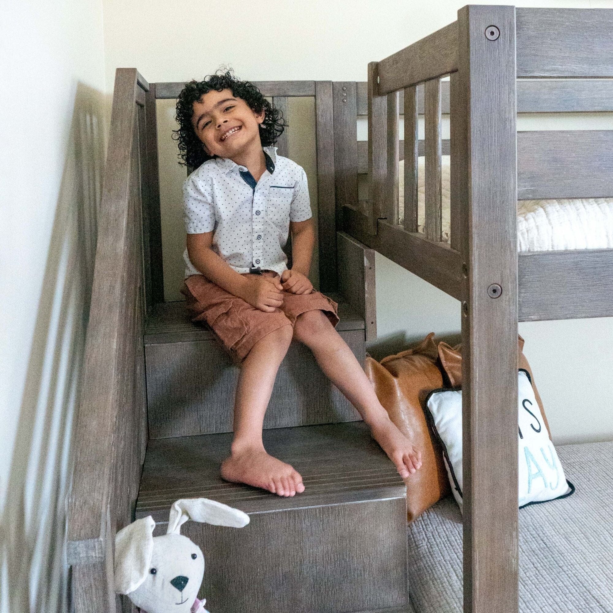 Twin Over Twin Low Bunk Bed With Stairs & Guardrails - Image 53