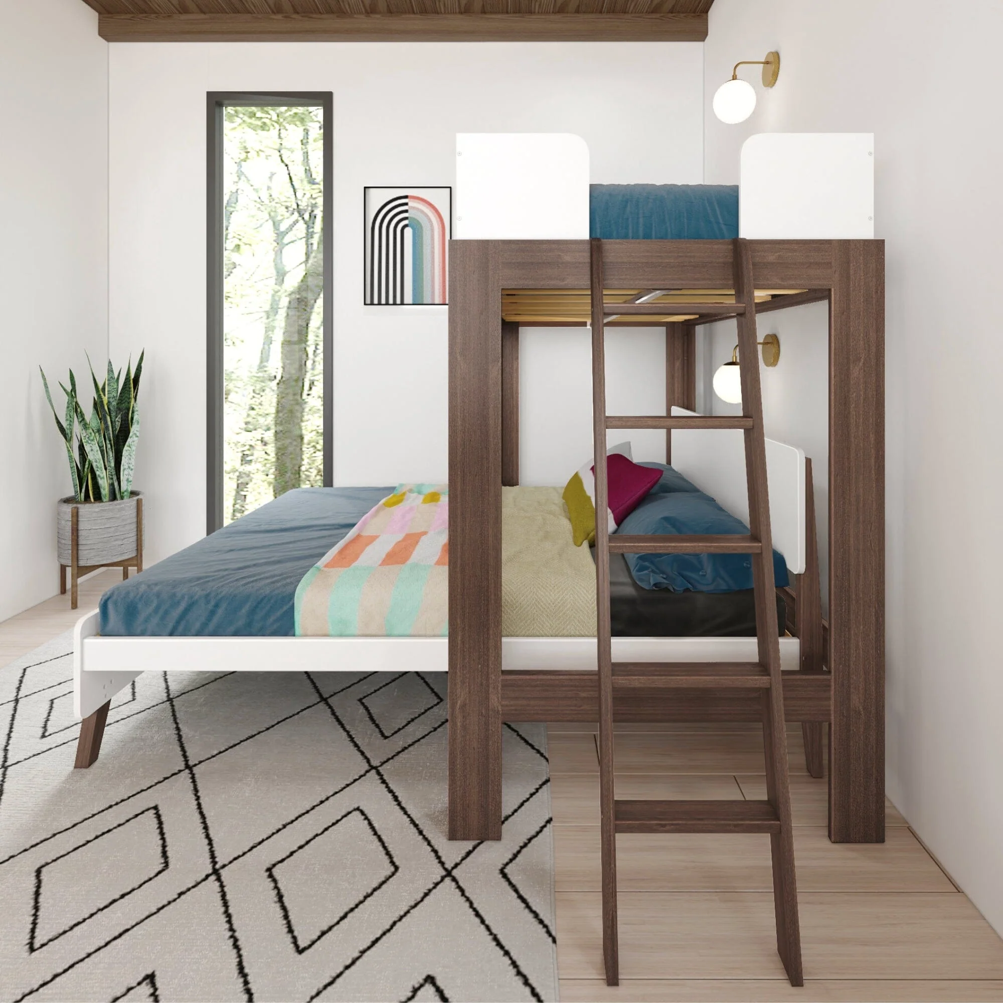 Mid-Century Modern Twin Over Queen L-Shaped Bunk Bed - Image 26