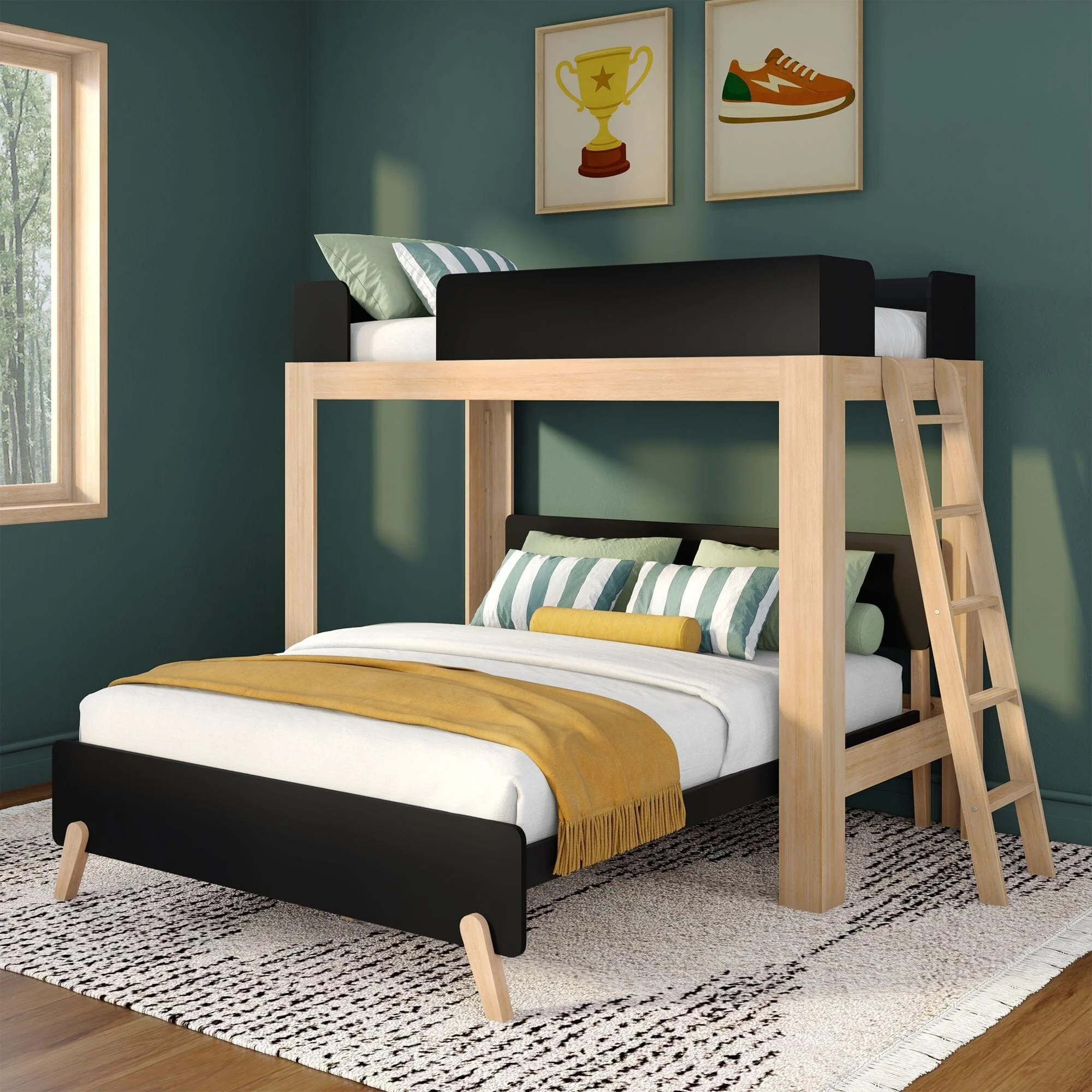 Mid-Century Modern Twin Over Queen L-Shaped Bunk Bed - Image 3