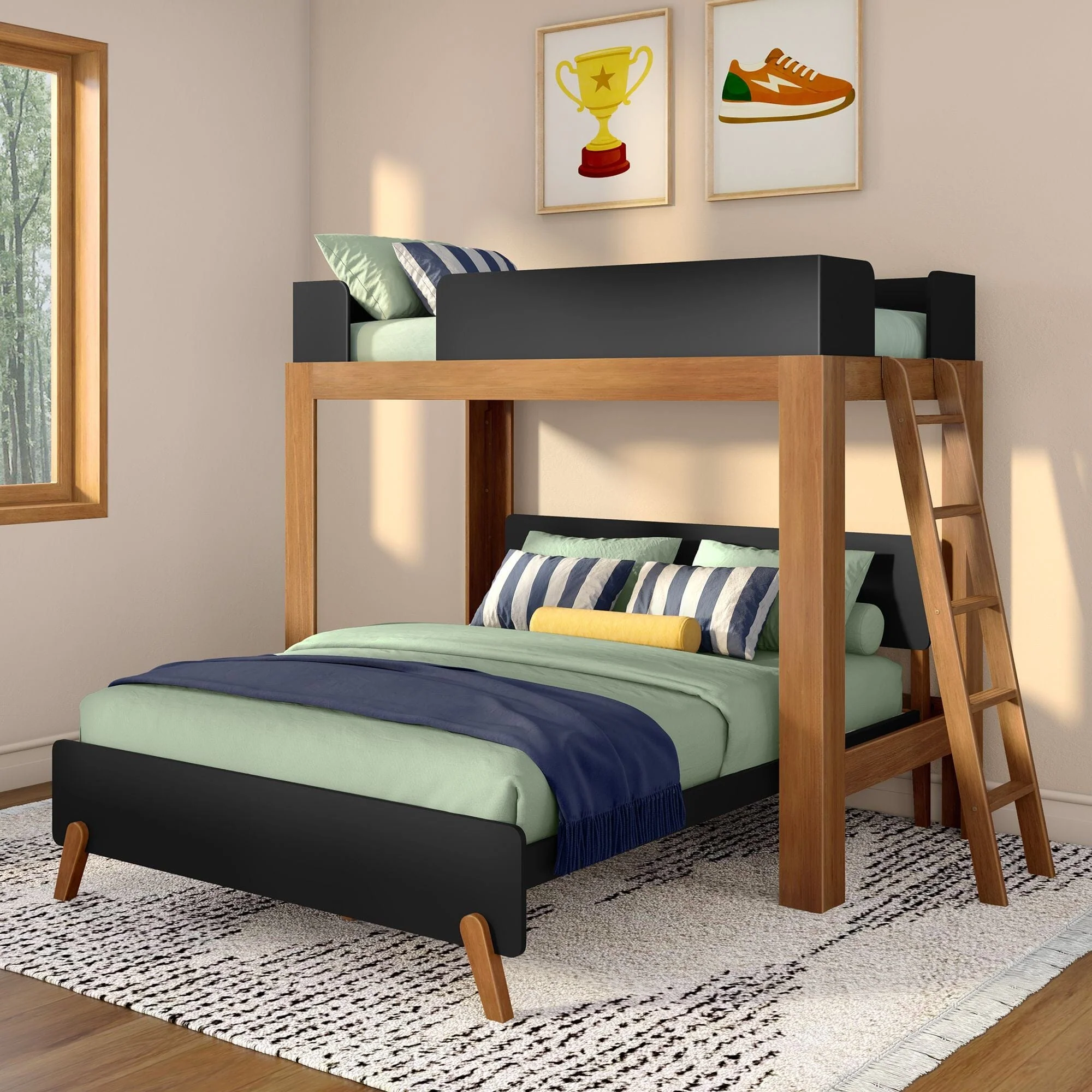 Mid-Century Modern Twin Over Queen L-Shaped Bunk Bed - Image 4