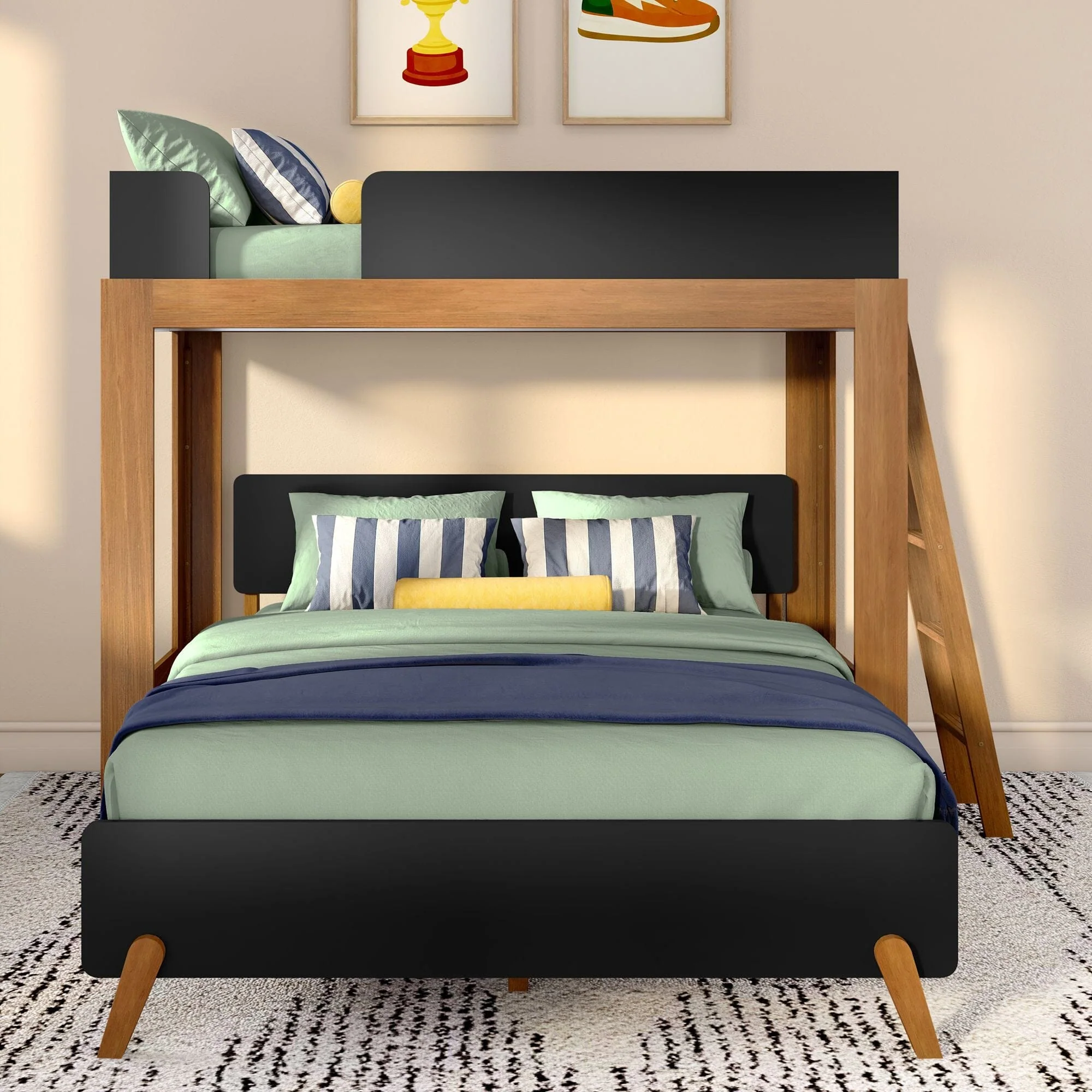Mid-Century Modern Twin Over Queen L-Shaped Bunk Bed - Image 9
