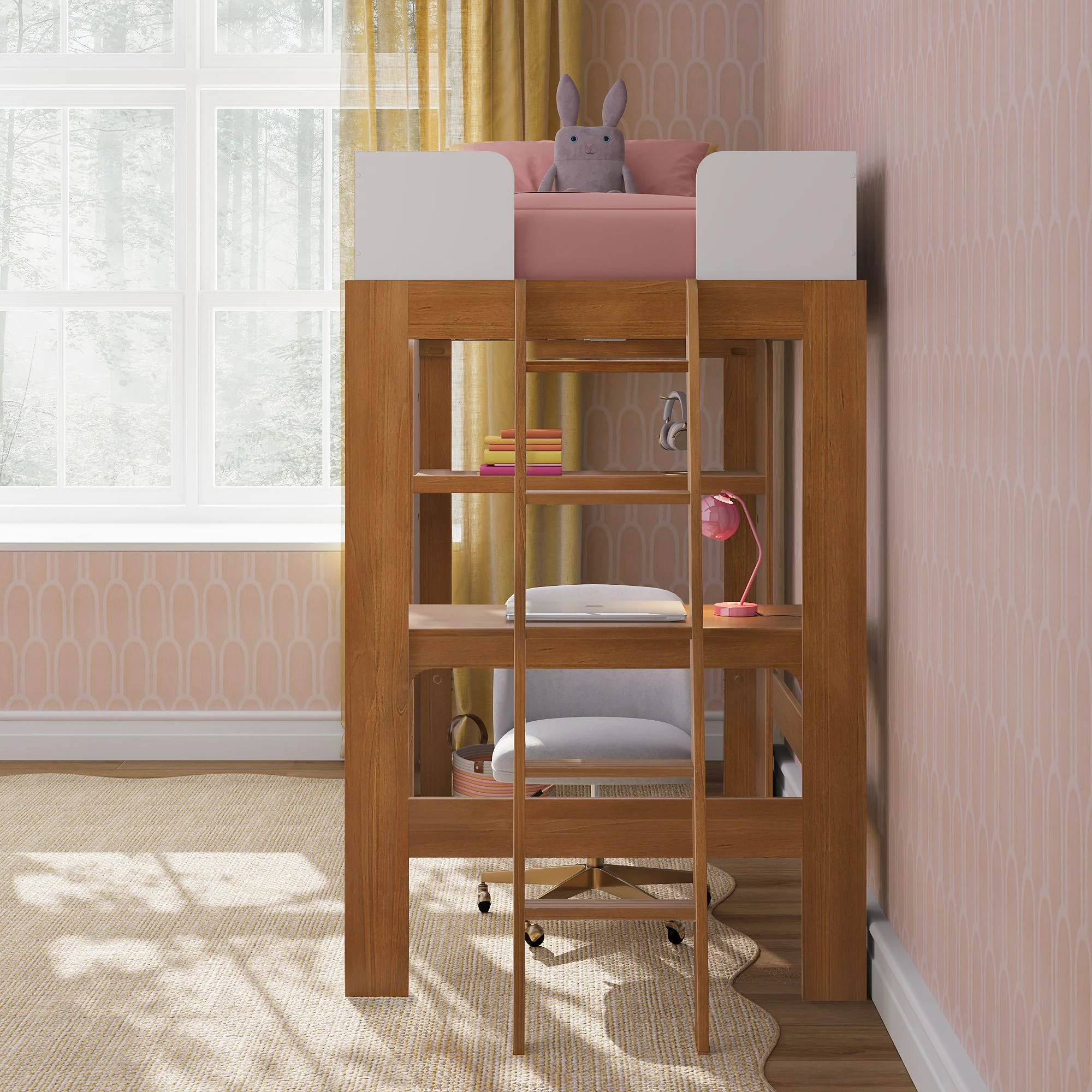 Mid-Century Modern Twin Loft Bed With Bookcase & Desk - Image 23