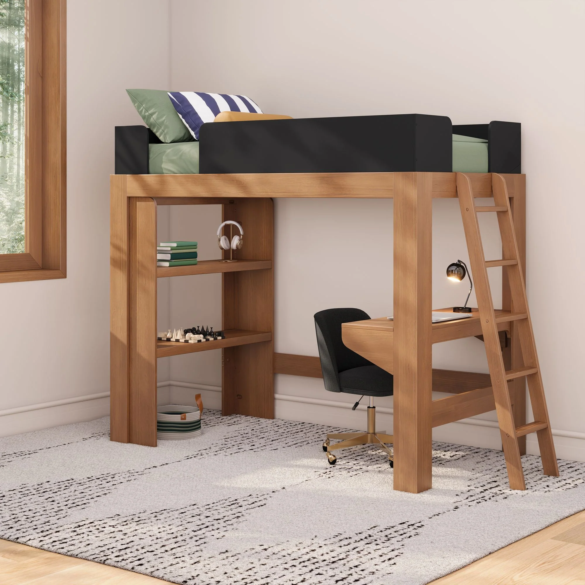 Mid-Century Modern Twin Loft Bed With Bookcase & Desk - Image 3