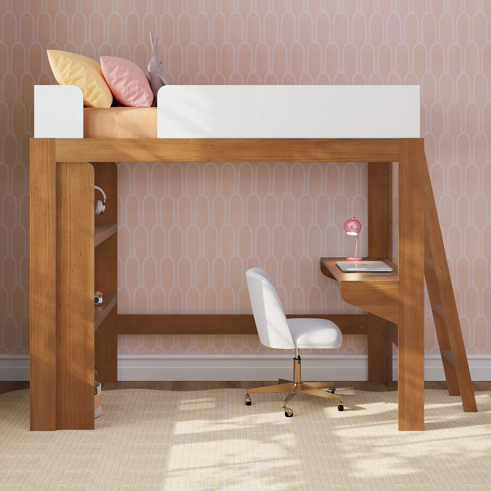 Mid-Century Modern Twin Loft Bed With Bookcase & Desk - Image 5