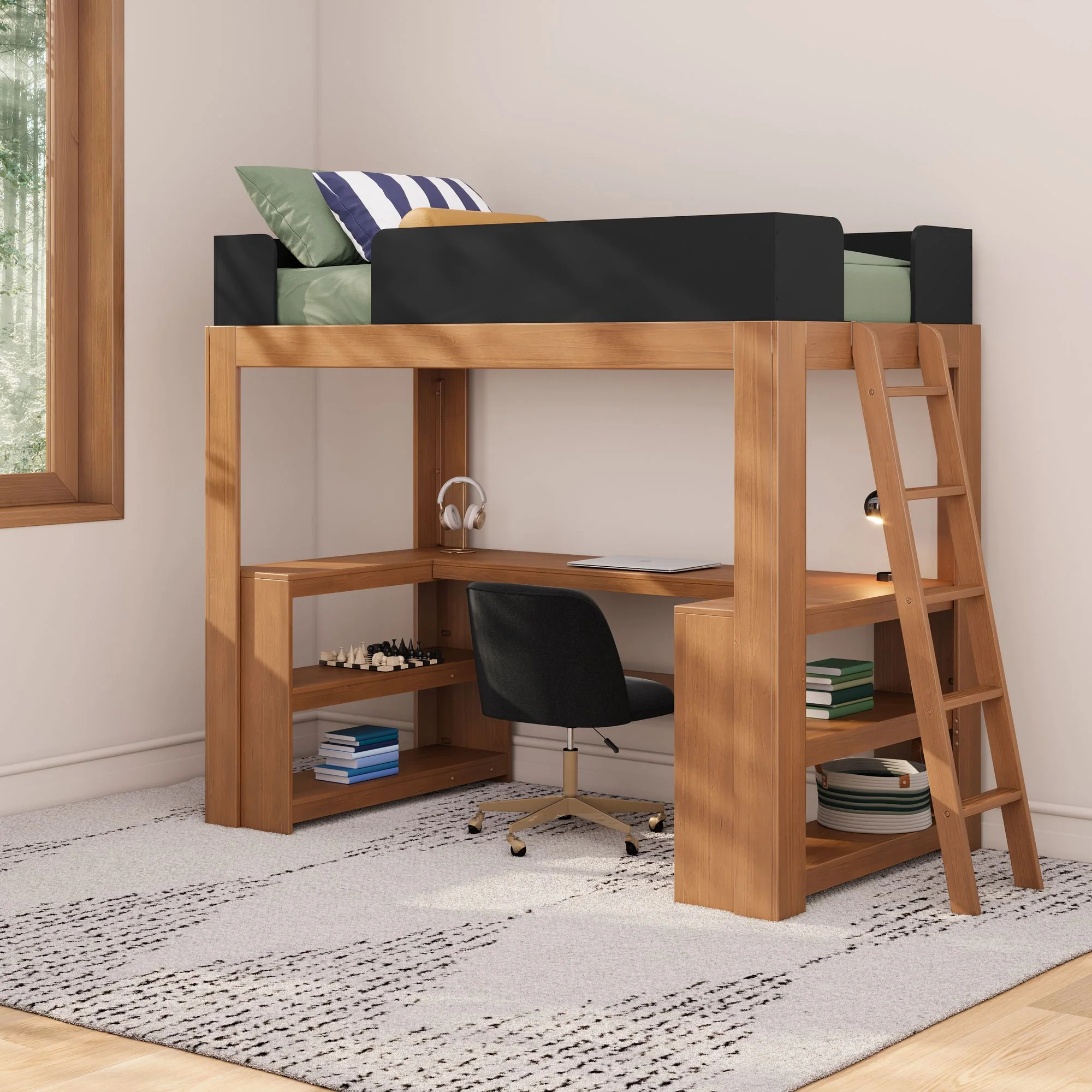 Mid-Century Modern Twin Loft Bed With Wraparound Desk - Image 3