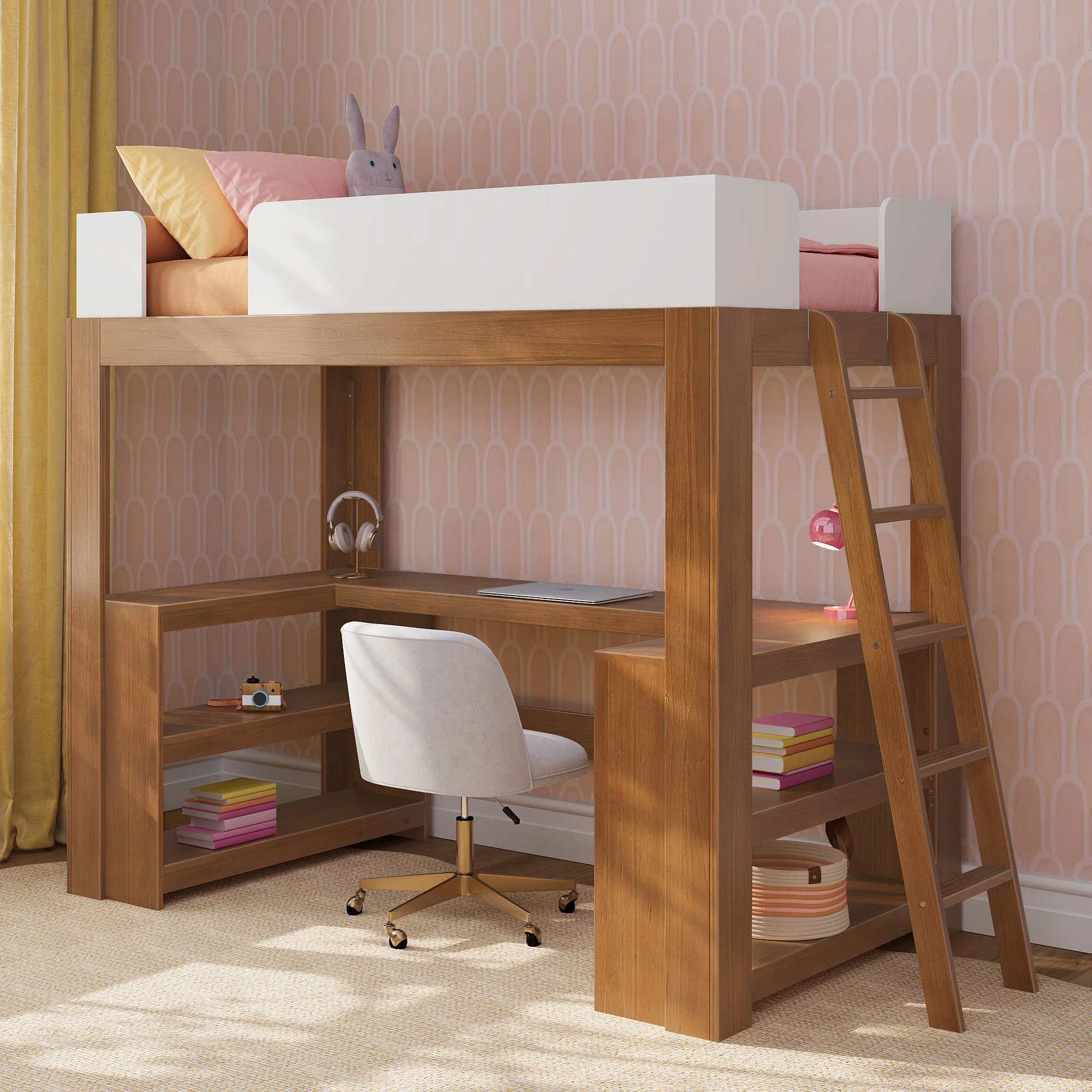 Mid-Century Modern Twin Loft Bed With Wraparound Desk - Image 4
